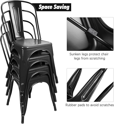 Miniatura 6 de Flamaker Metal Dining Chairs Indoor-Outdoor Use Stackable Side Chairs with Back Industrial Kitchen Classic Trattoria Chair Set of 4 (Black)