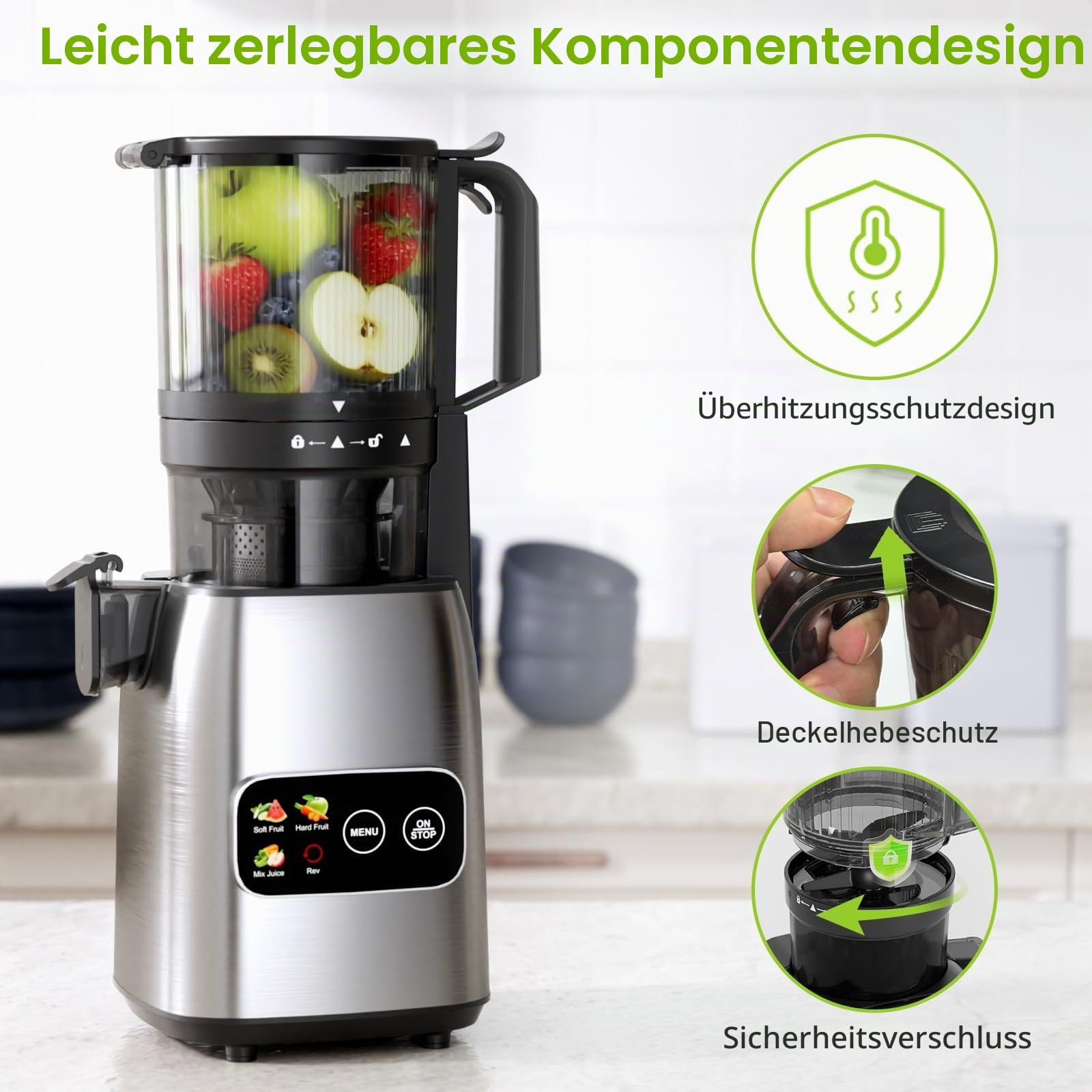 Kismile Kaltpress-Entsafter mit modernem Touchscreen, 13,5 cm XL-Futter, leicht zu reinigen, BPA-frei, hohe Ergiebigkeit, langsamer Entsafter für ganzes Obst und Gemüse, 300 W Masticating Juicer