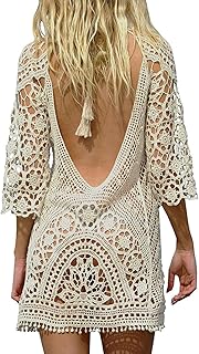 Damen Bikini Cover Up Gehäkelt Rückenfrei Strandkleid Sommer Beachwear 3/4 Ärmel Sexy Boho Kleider