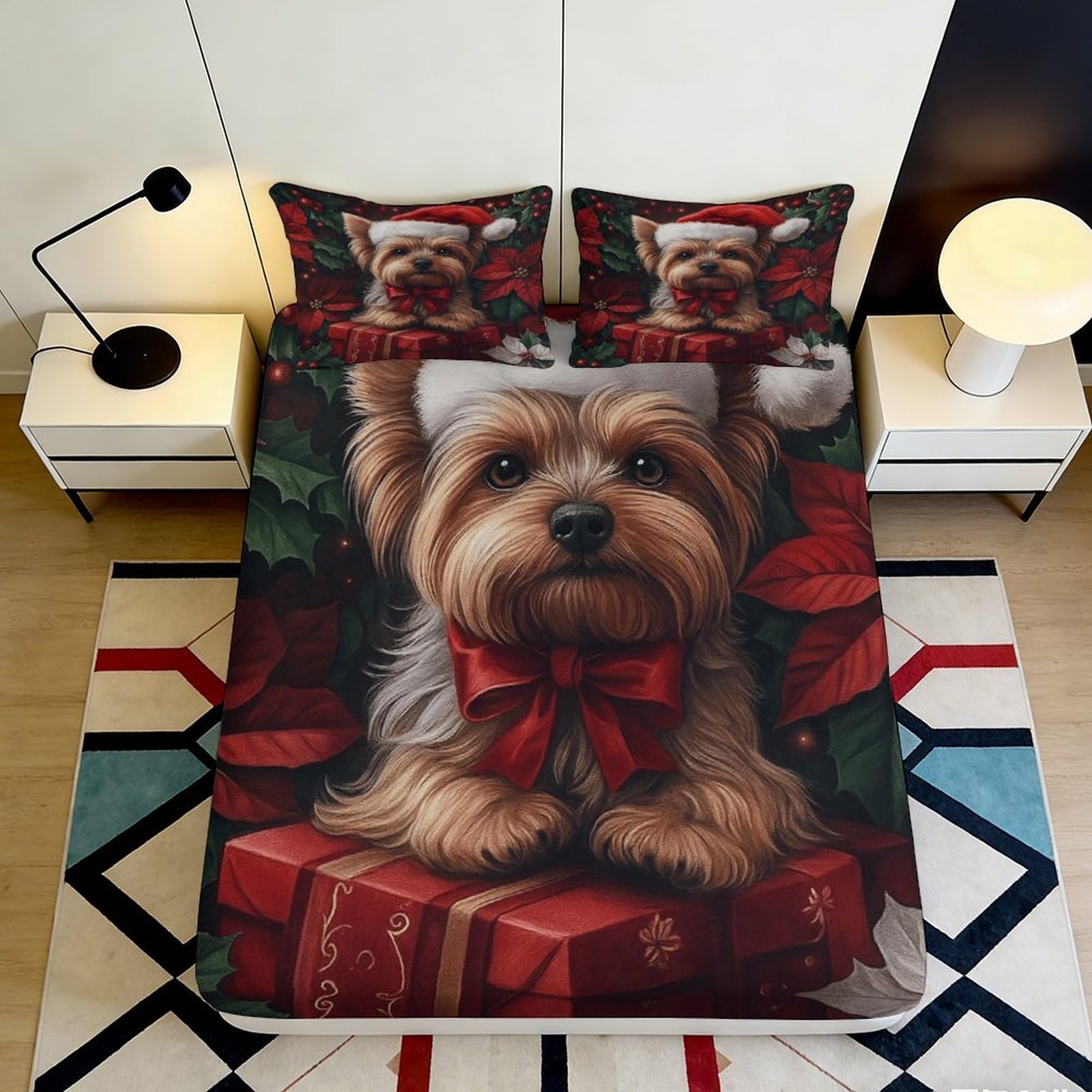 Dhbaneiok Style-7 3D Printed Yorkshire Terrier Fitted Sheet Microfiber Red Bow Dog Bed Cover For Bedroom Dorm Mattress Decor 90X200x25cm