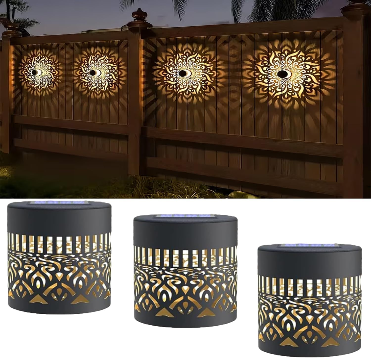 1/2/3 Pack Decorative Solar Mandala Lights, Metal Solar Powered Outdoor Wall Deck Step Lights, Mandala Theme Waterproof Fence Light for Garden Post Patio Backyard Decor (3 Pack)