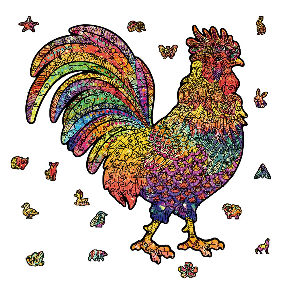 GLOBLELAND 200Pcs Rooster Wooden Jigsaw Puzzles for Adults 27.9x30.1cm/11x12in Coloful Animal Chicken Wooden Puzzles for Gift Birthday Anniversary