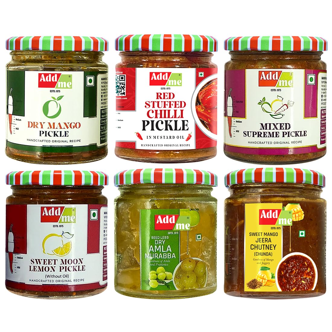 Add me combo pickle box gift pack 6 in 1 dry mango achar 150gm + mixed pickles 200 gm + amla murabba 200gm + sweet Lemon pickle 200 gram + Lal mirchi ka achar 200gm + sweet mango jeera chutney 200 grm glass jar