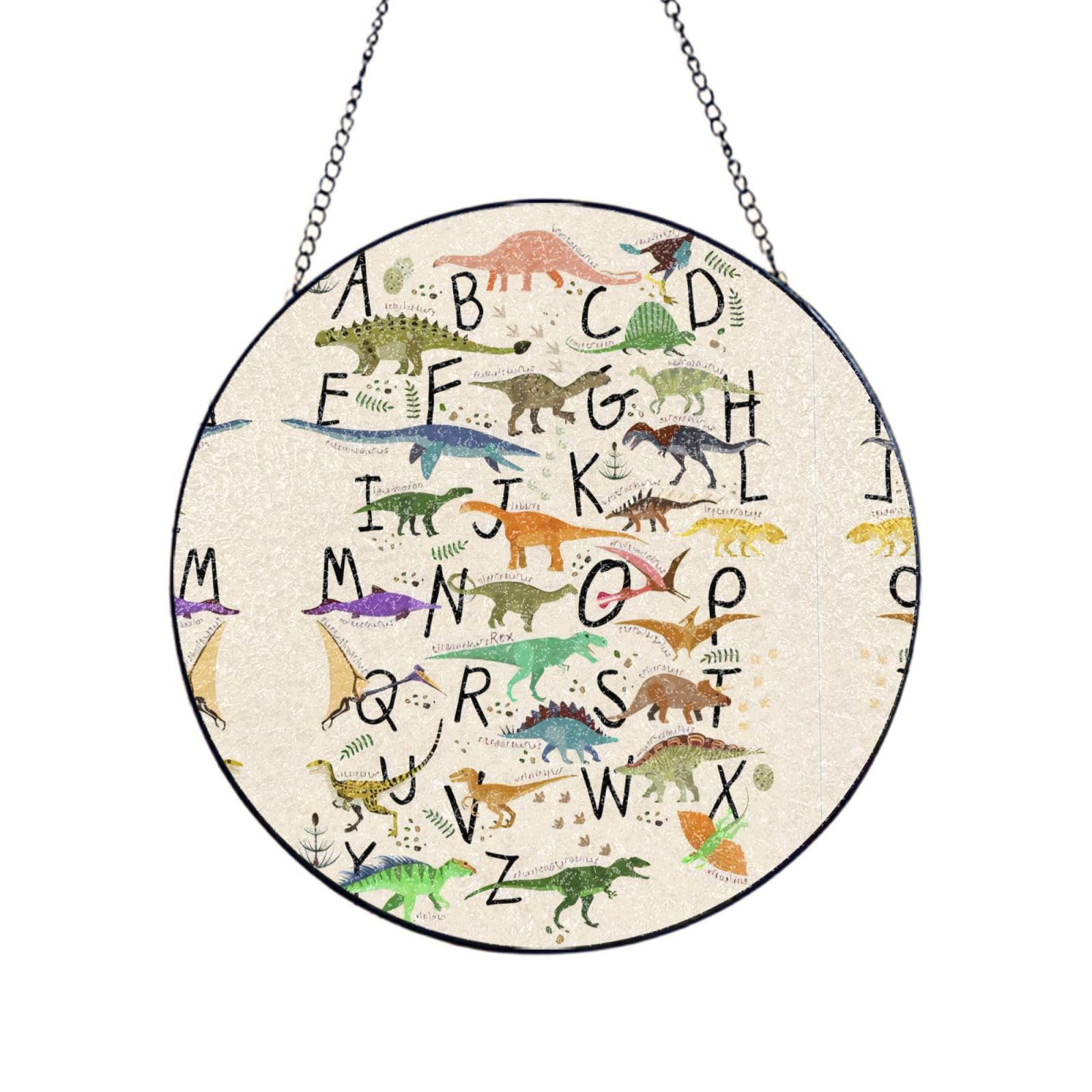 Phayah Stylish Learning Alphabets With Dinosaurs Print Glass Window Hanging Sun Catchers Suncatcher Decor For Birthday For Home Garden Porch 6in（15cm）