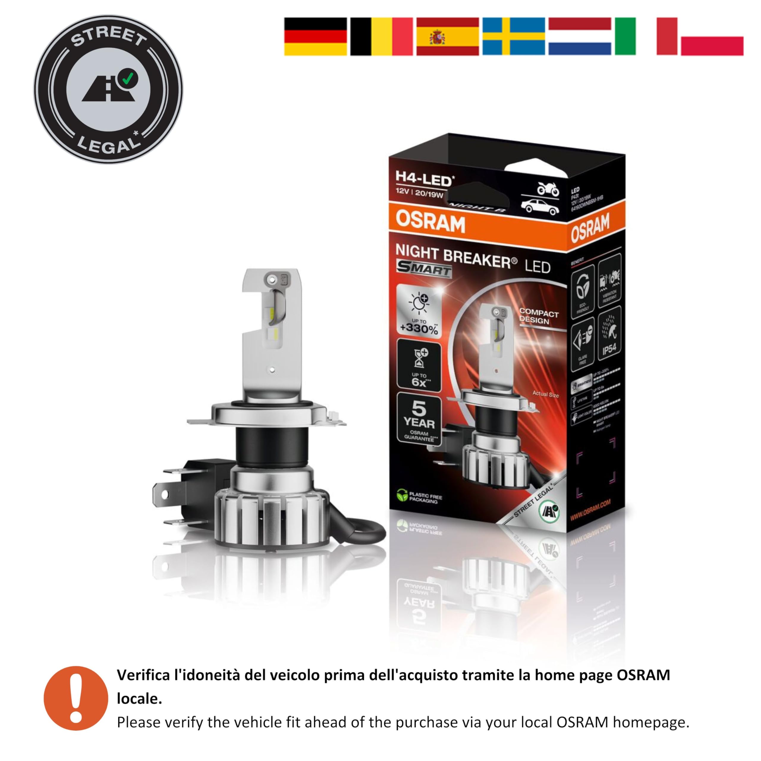 OSRAM NIGHT BREAKER LED SMART H4 per moto; fino al 330% di luminosità in più; 6000K, lampada retrofit a LED per moto omologata per uso stradale