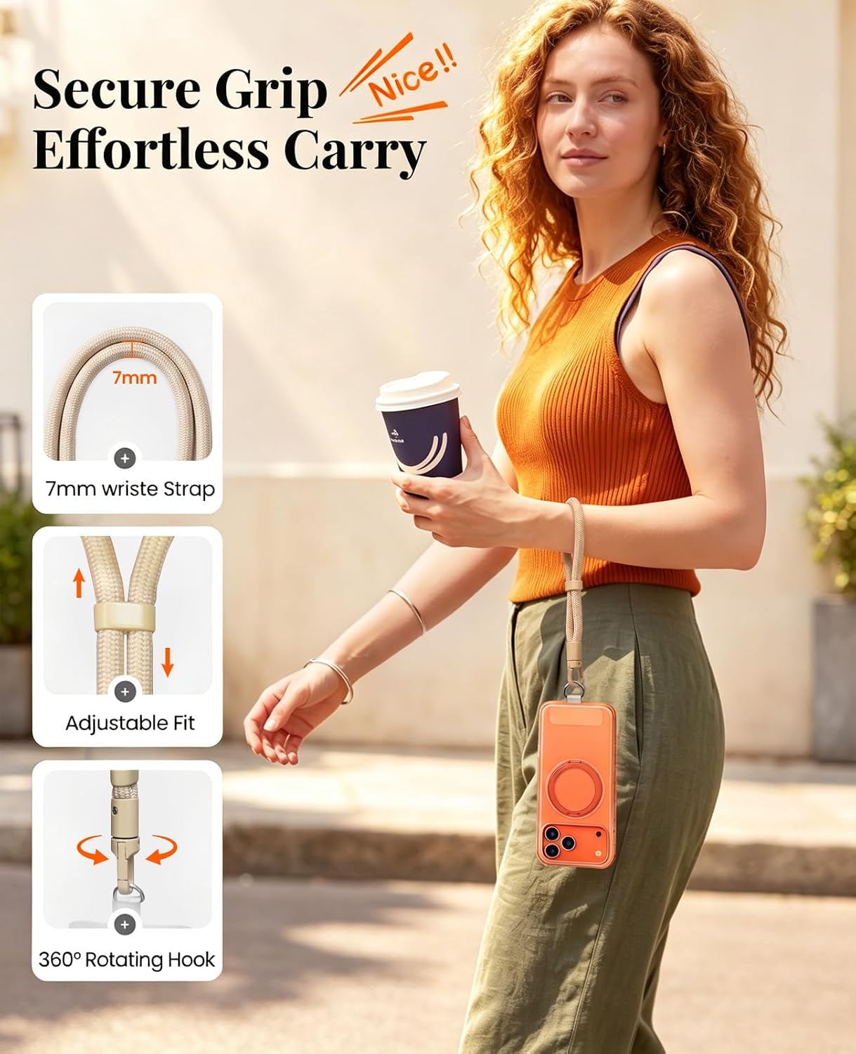 LOXP Phone Lanyard Crossbody Adjustable with Wrist Strap & 2 Tabs, Camel