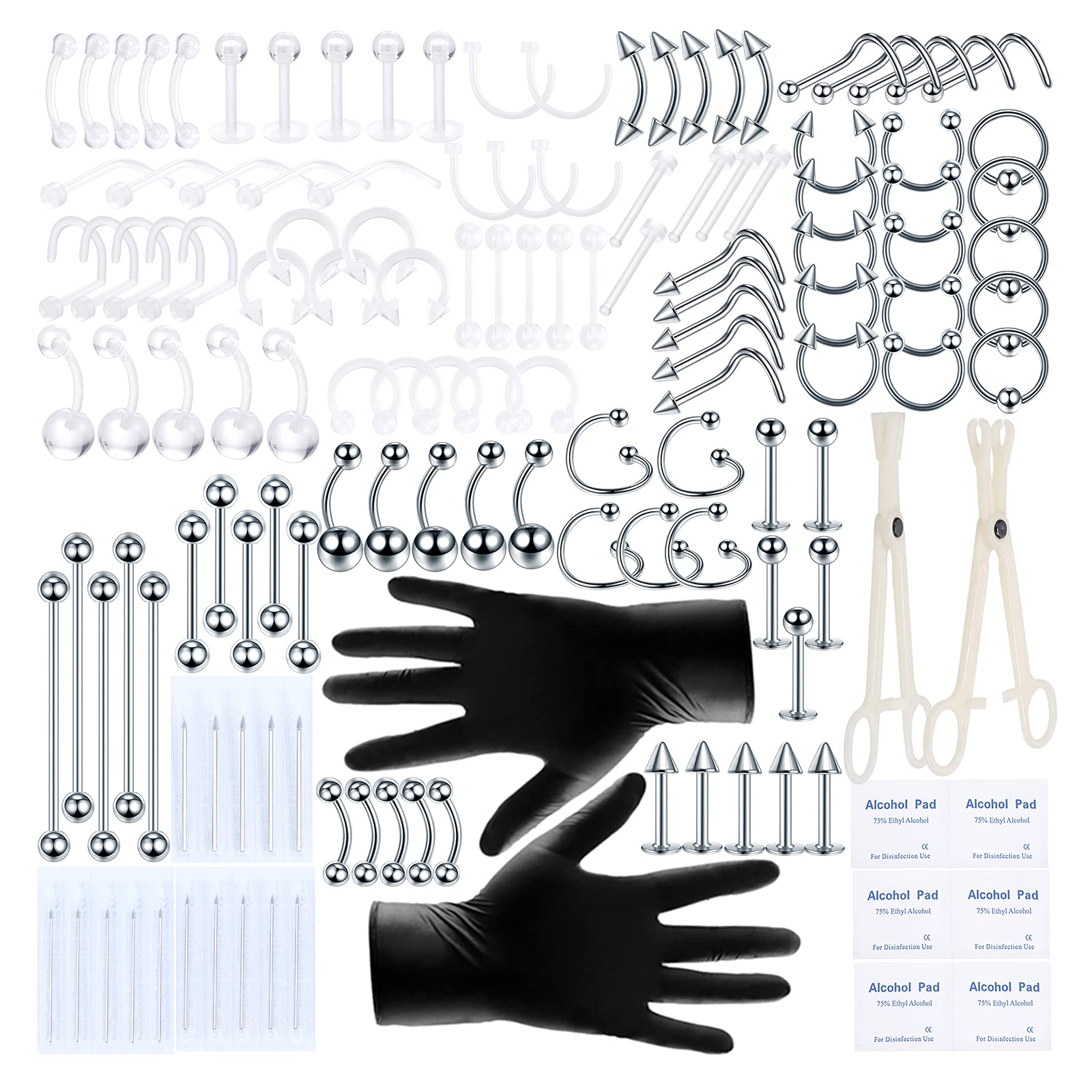 Xpircn 140PCS Piercing Kit Stainless Steel 14G 16G Nose Lip Tongue Tragus Daith Eyebrow Industrial Barbell Belly Button Rings Body Piercing Tools