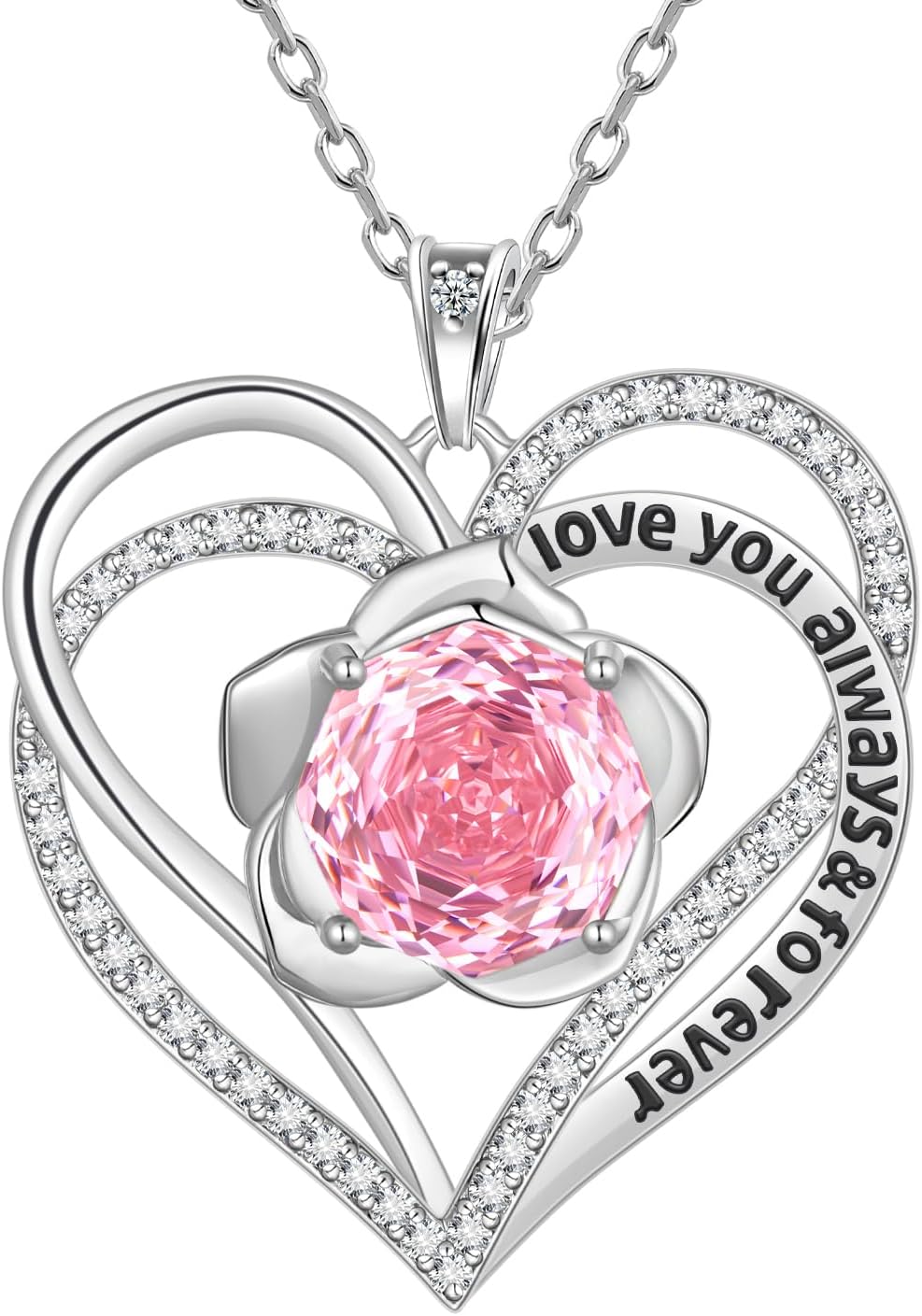 Birthstone Love Heart Pendant Necklace - 925 Sterling Silver Rose Cut Cubic Zirconia I Love You Necklace Anniversary Birthday Jewelry Gift for Women Wife Mom Daughter