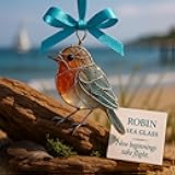 Handmade Sea Glass Bird Ornaments – Stained Glass Bird Ornaments, Sea Glass Art Decoration Keepsake, Hanging Window Decor Nature Lover Gift (Robin)