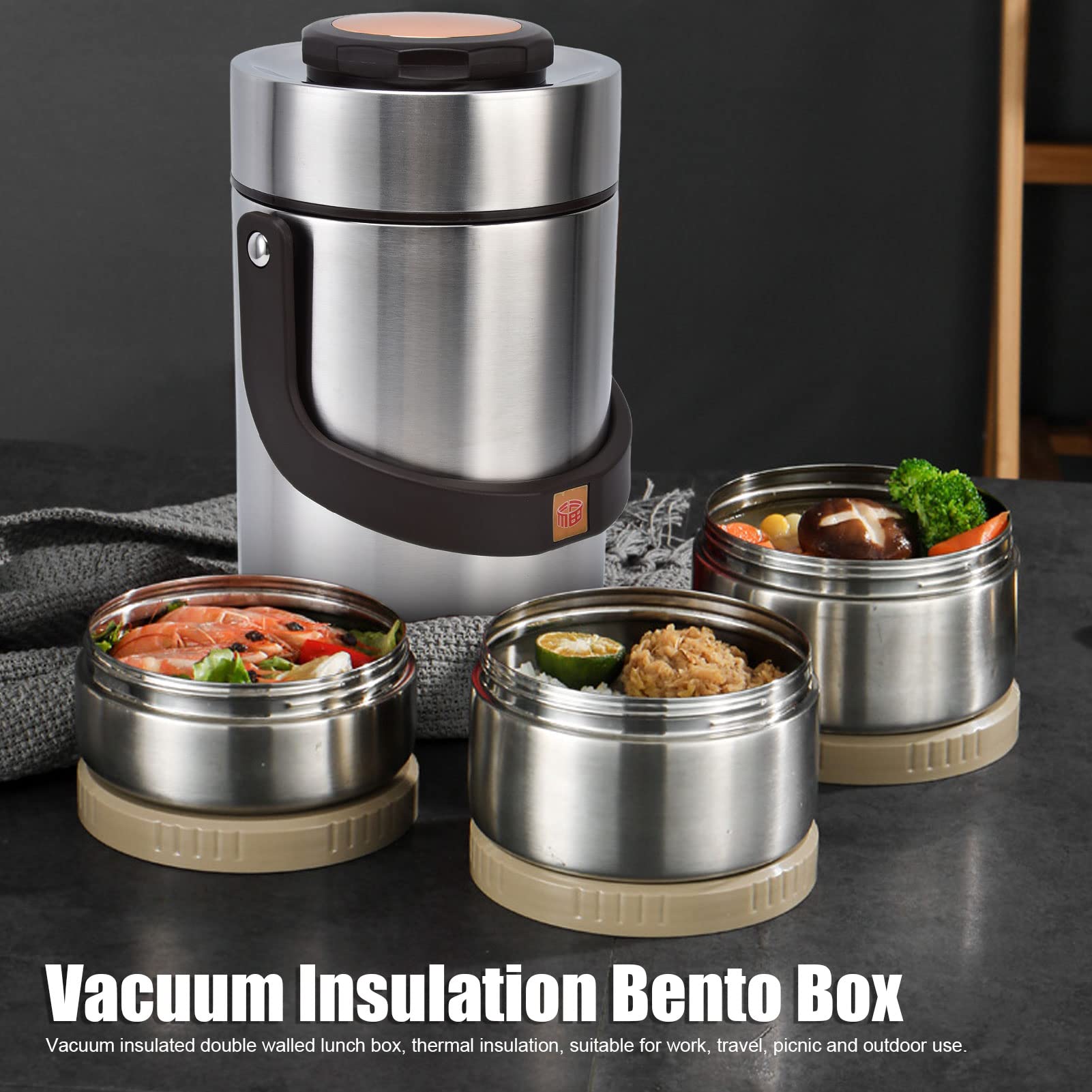2,3L Thermos pour Repas Alimentaire, Récipient Isotherme Chaud 3 étages 304 Acier Inoxydable Boîte Repas Lunch Box Vacuums, avec Double Paroi pour Travail, Voyage, Pique-nique & Camping