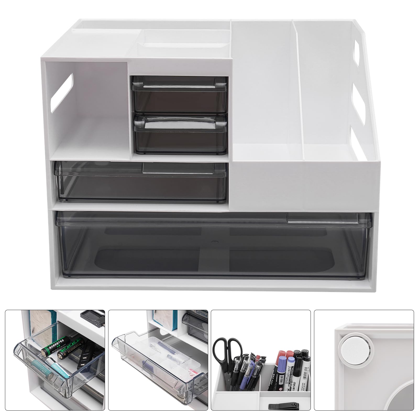 Organizer da scrivania con portapacchi, organizer in carta bianca con cassetto, organizer per penne, fazzoletti, biglietti da visita, calcolatrici, 34 x 25,5 x 24,5 cm