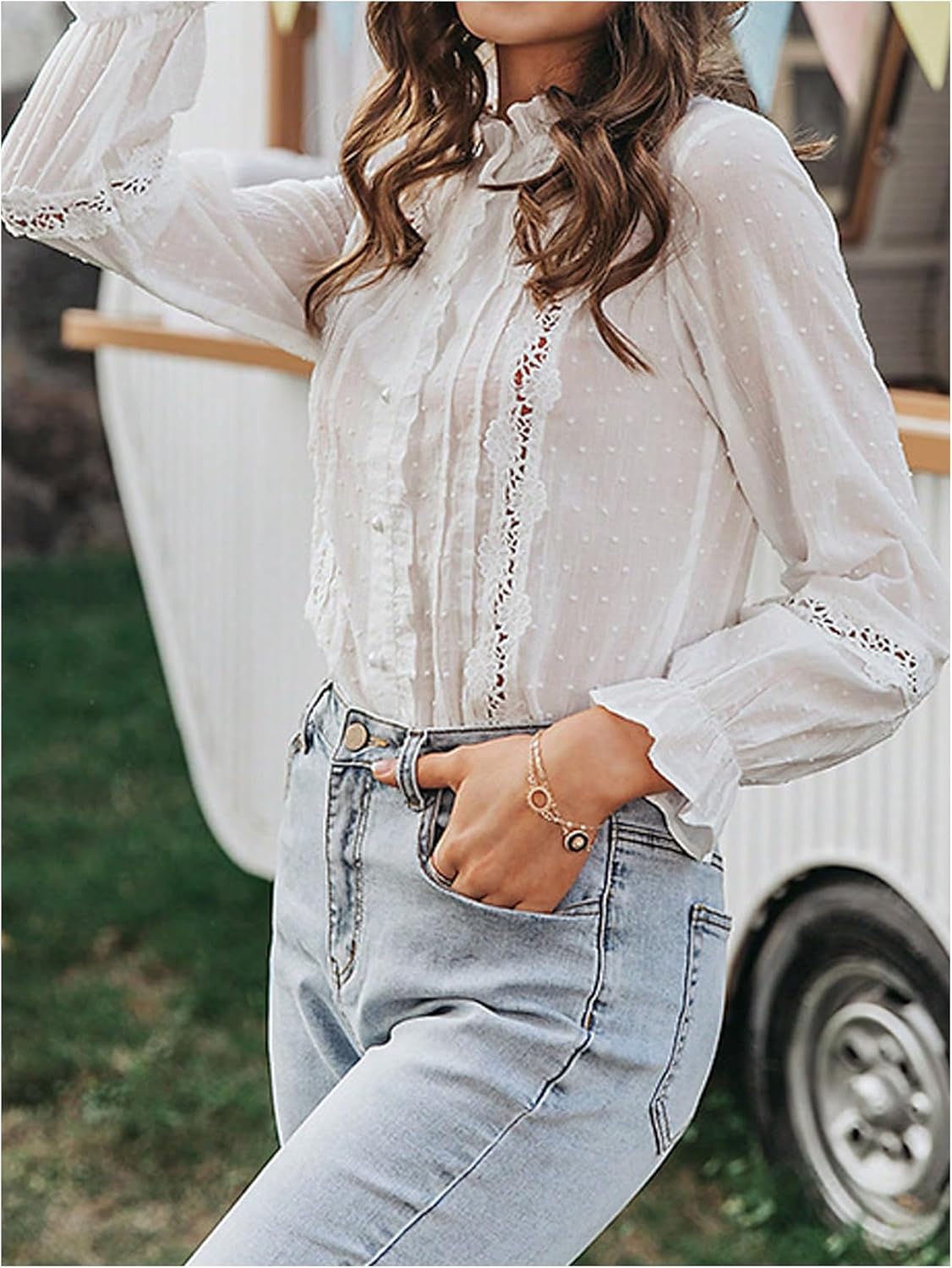 SHENHE Women's Lace Crochet Tunic Tops Casual Flowy Hollow Out V Neck Button Down Blouses Shirts 2025 - Image 3