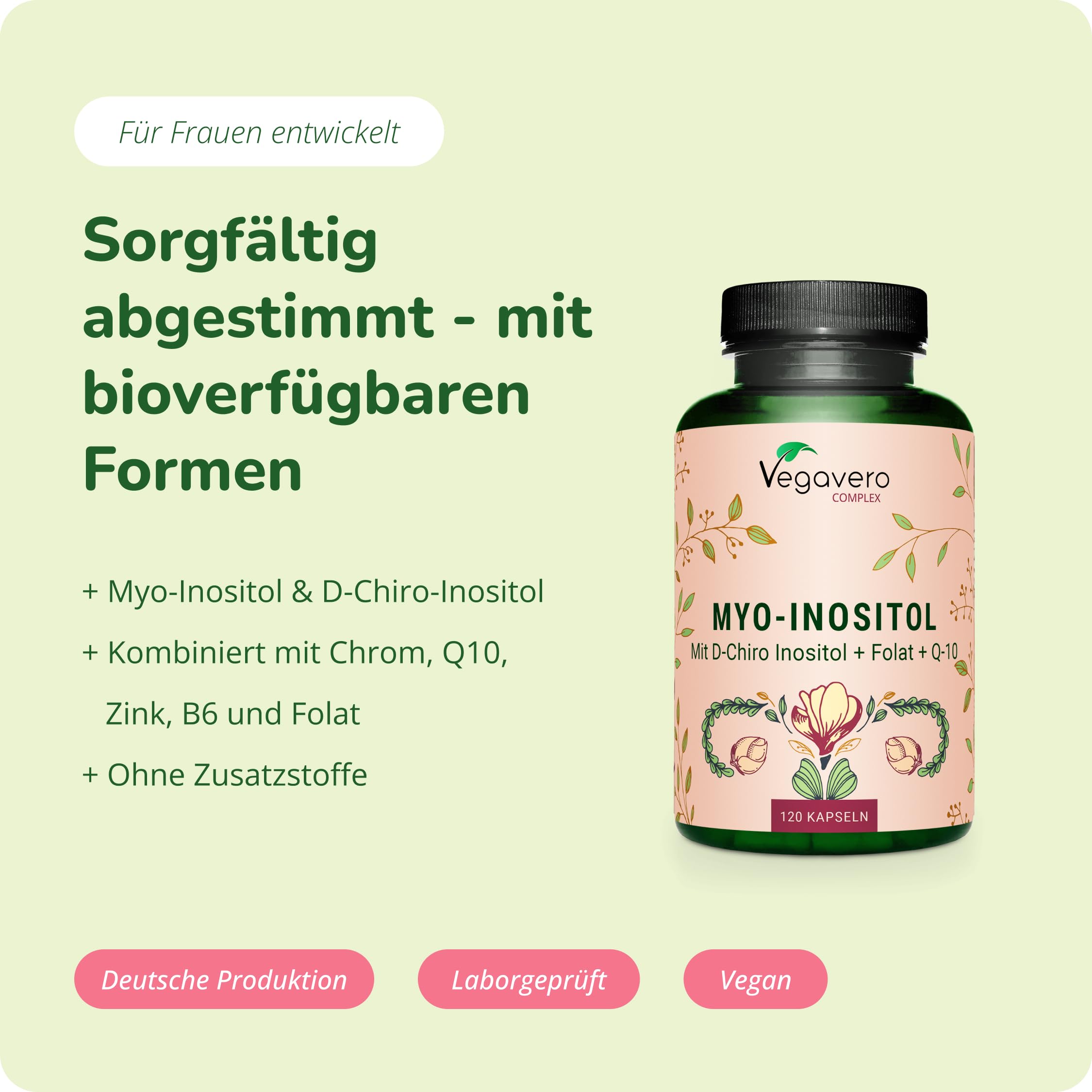 Vegavero Myo-Inositol Komplex - 120 Kapseln mit 1800 mg Myo Inositol, D-Chiro-Inositol, Resveratrol, Q10, Zink, Vitamin B6 & Folsäure - Hochdosiert, vegan, ohne Zusatzstoffe (Packung mit 2)