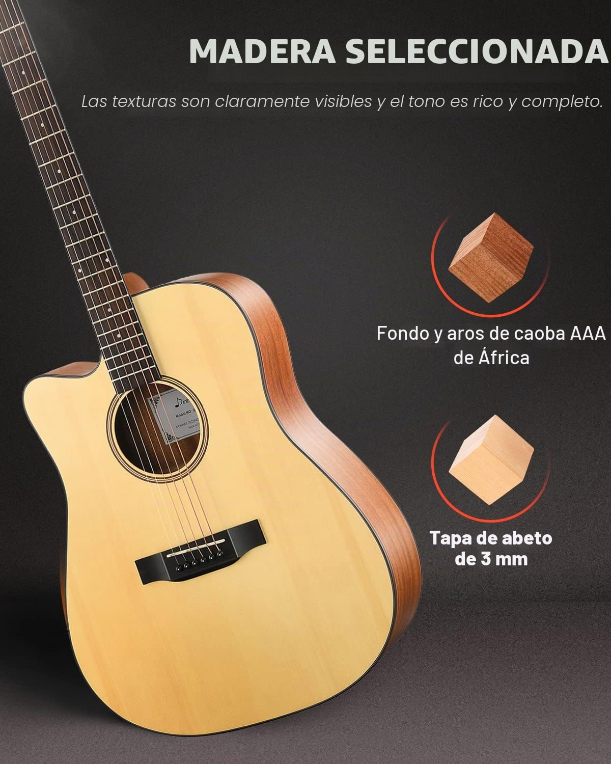 Kit de guitarra acústica Donner para zurdos principiantes adultos, tamaño completo 41 pulgadas cutaway, set con funda, correa, afinador, cejilla, golpeador y cuerdas, modelo DAG-1CL
