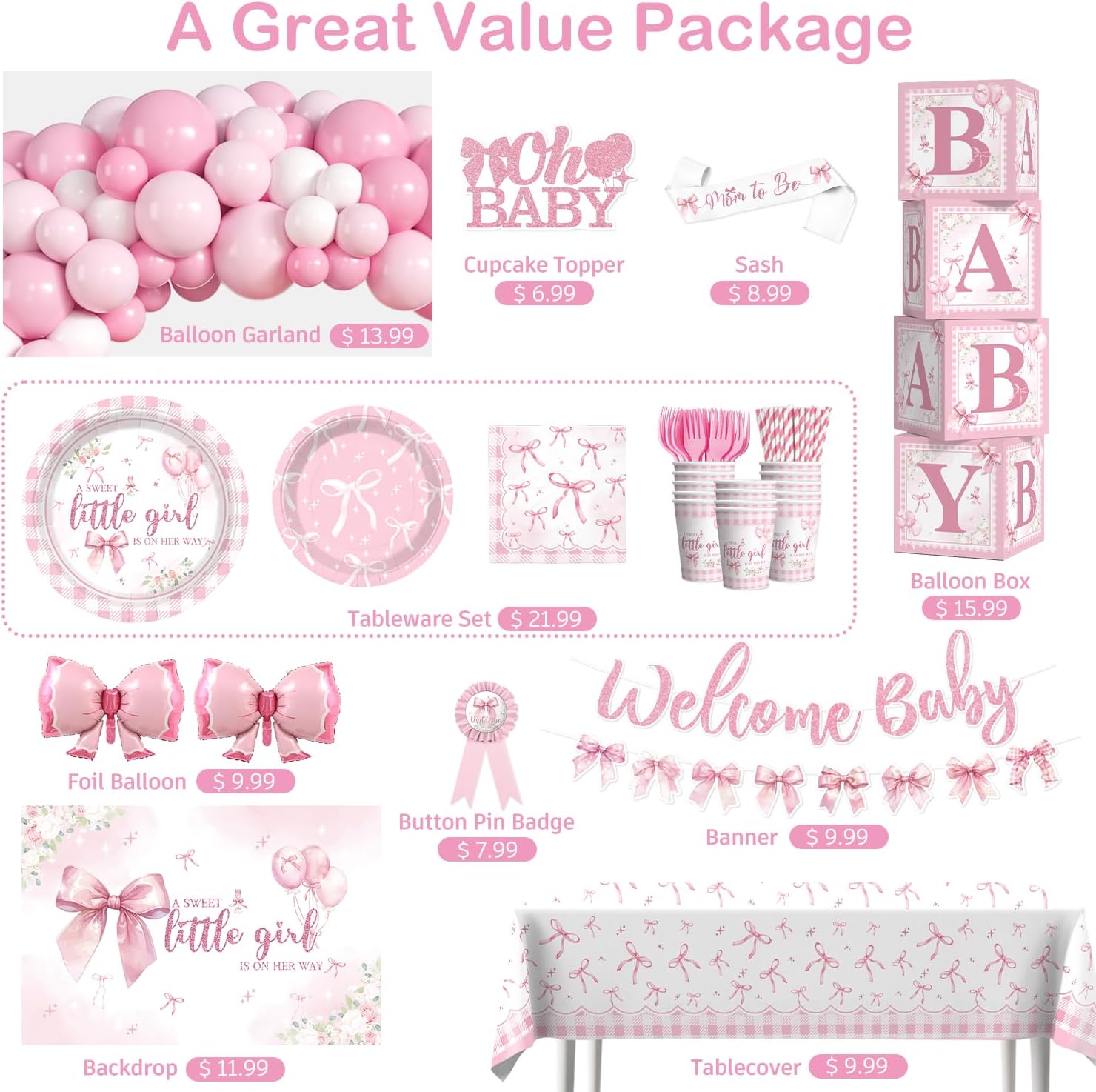 cocomigo 238 Pcs Pink Bow Baby Shower Decorations, All-in-One Party Pack for 20 Guests, Includes Tableware, Backdrop, Banner, Balloons and More for Bow Themed Baby Shower Decorations