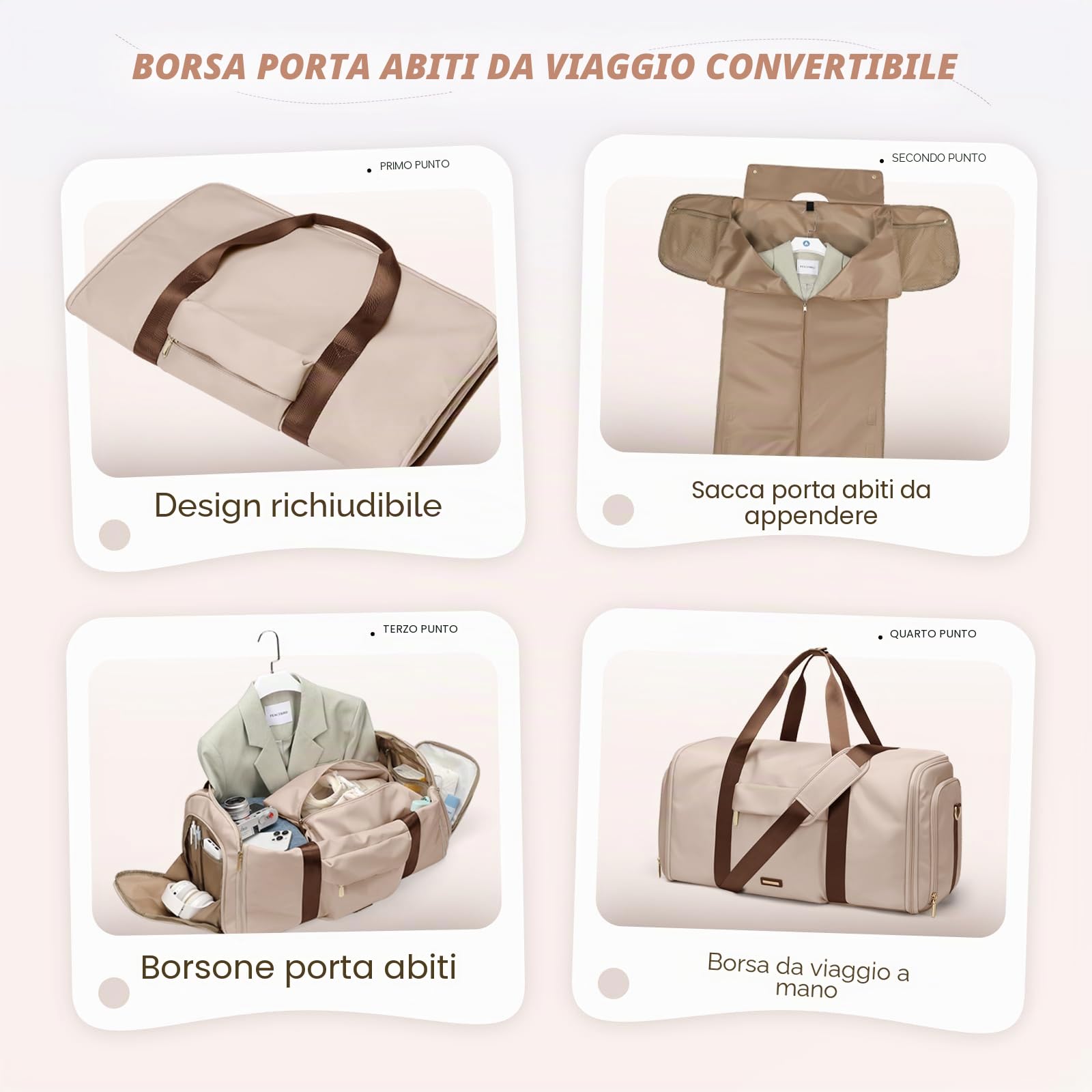 Borsone da Viaggio Donna Convertibile 2 in 1 Borsone Palestra Borsa Sportiva con Scomparto Scarpe, Grande Capacità Borsa da Appendere Gym Bag, 48L, Albicocca