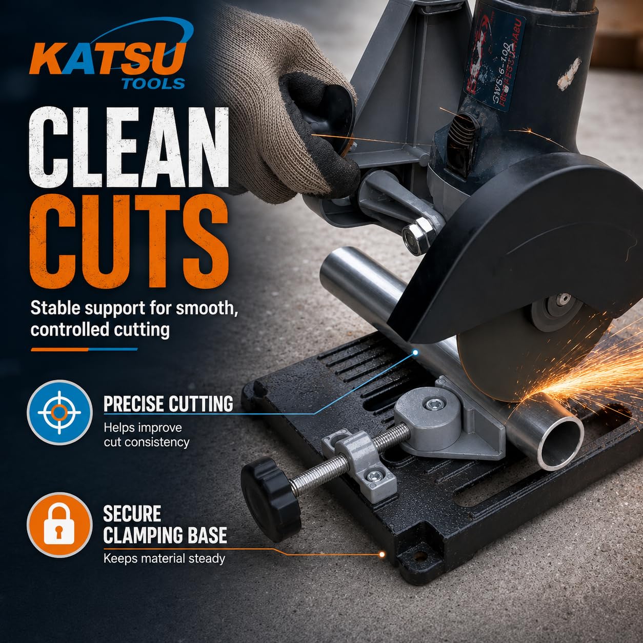 KATSU Supporto per Smerigliatrice Angolare - Ø 100mm a 125 mm Supporto per Smerigliatrice Elettrica con Base in Ghisa per Impieghi Gravosi con 11 Dischi da Taglio in Legno e Acciaio 105422