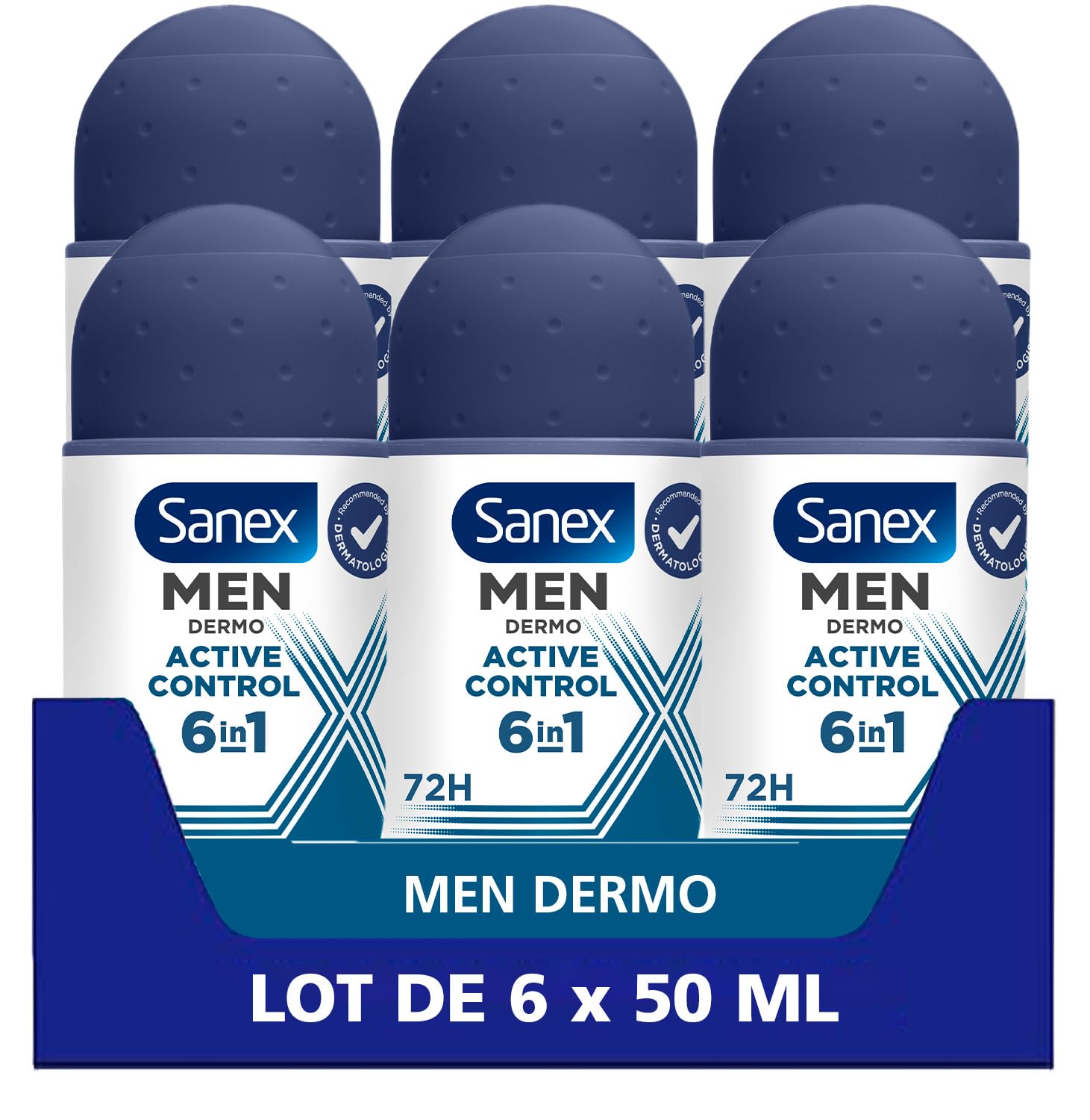 SANEX - Dermo Men Active Control 72 h Anti-transpirant homme – protection puissante contre la transpiration et les odeurs – sensation immédiate de peau nourrie – ne contient pas d’alcool - lot 6x50 ml
