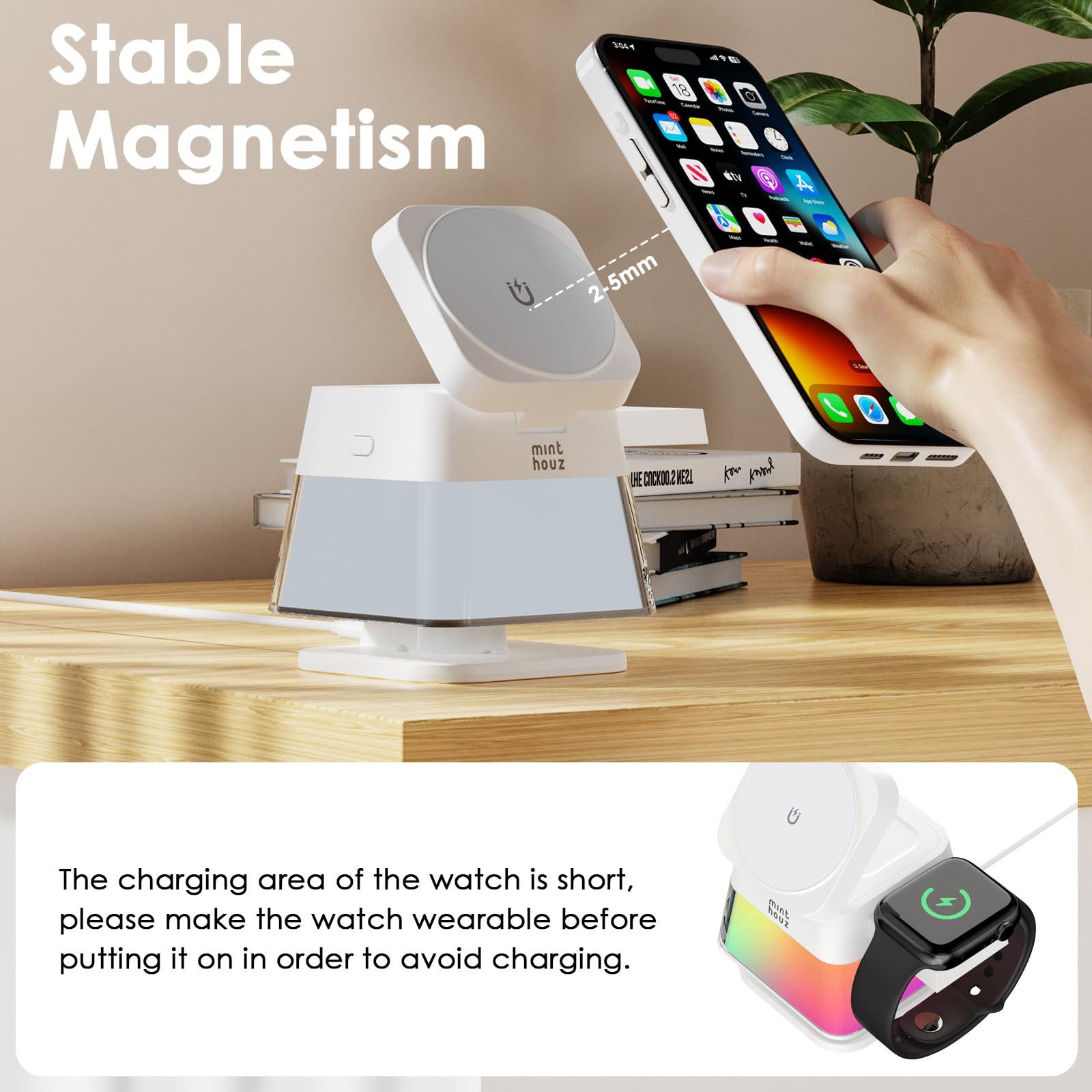 Minthouz Stazione di ricarica 3 in 1 per iPhone, caricabatterie wireless veloce da 15 W con lampada notturna, supporto magnetico pieghevole da viaggio per iPhone 17/16 15 14 13/Apple Watch/AirPods