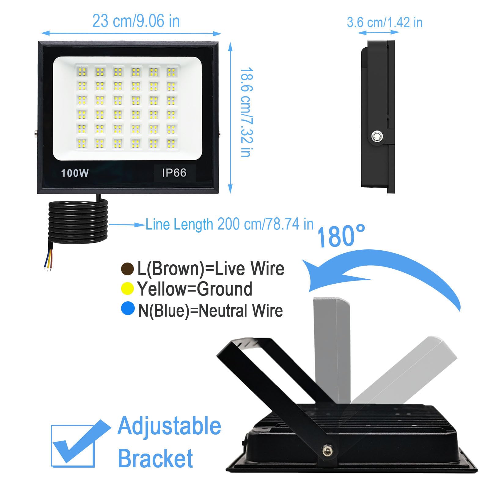2 Stuks Led-Spot voor Buiten, Tkdaksy 1M kabel 6500K Koel Wit 15000 LM Led Schijnwerper, Led Schijnwerper Buiten IP66 waterdicht, voor Tuinen, Terrassen, Binnenplaatsen, Fabriek, Parken, Fabrieken