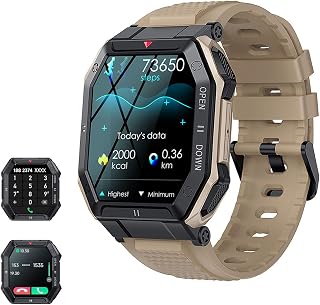 Men' Smart Watch, Smart Watch Bluetooth Answer Make Call, 1.85'' HD Fitness Tracker with 24 Modes, Smartwatch with Heart Rate/SPO2 /Sleep/Blood Pressure Monitor for Android IOS (Khaki Rubber Strap)