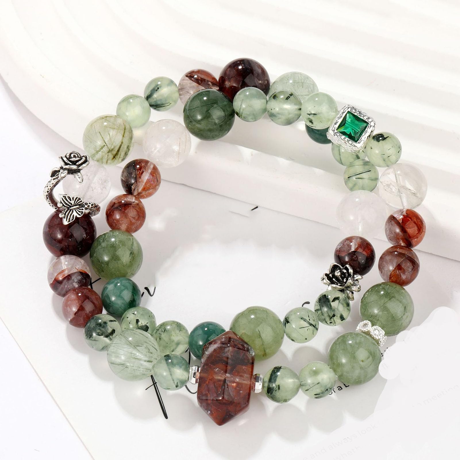 Bracciale in Prehnite con Pietra preziosa di Cristallo Naturale di Grado curativo, energia curativa, Carica di Pietra di Quarzo, Braccialetto Elasticizzato Artigianale per Donne