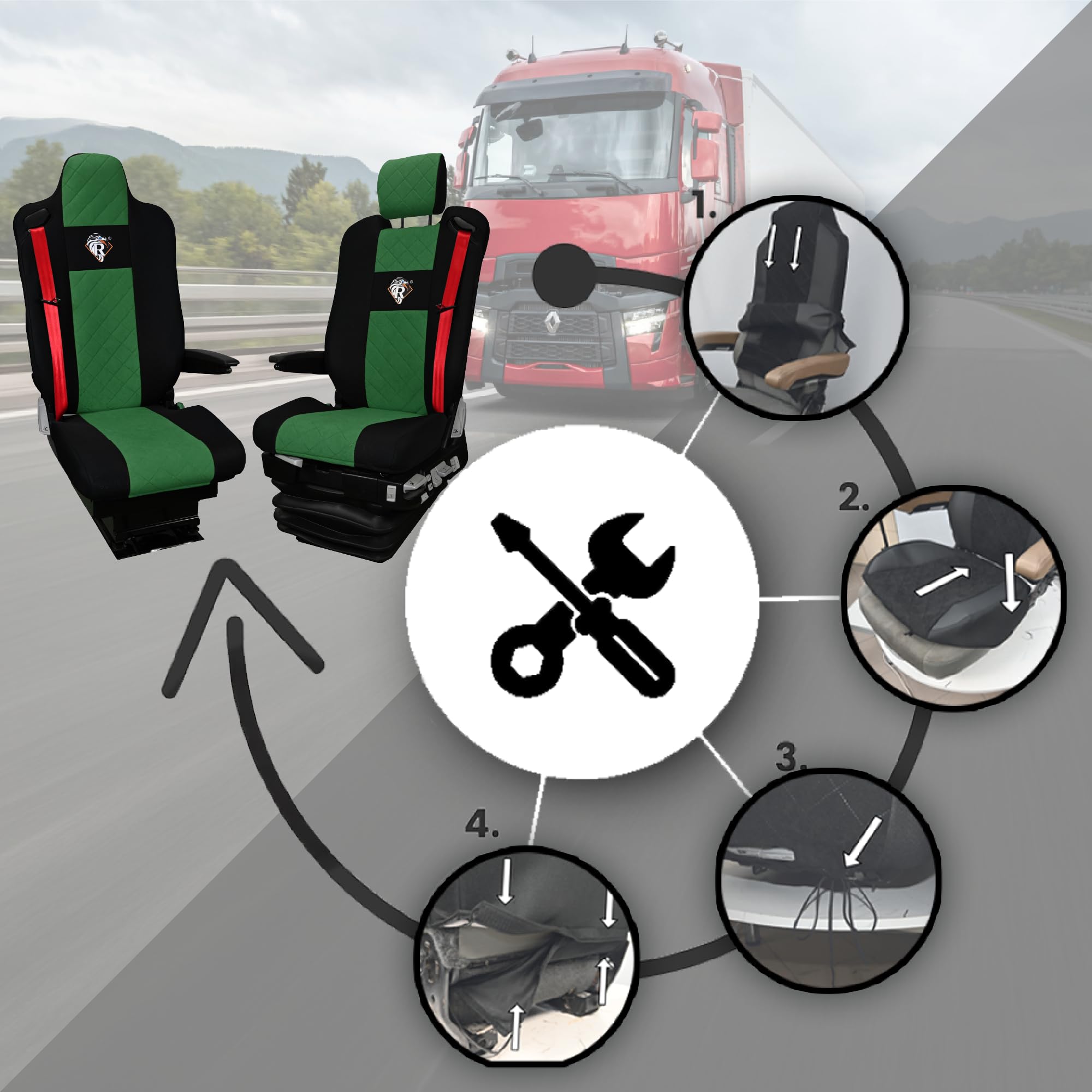 SABA Coprisedile per Gamma Renault T dal 2014, sedile conducente con poggiatesta, sedile passeggero, 2 cinture di sicurezza Verde Accessori di Protezione per Sedili di Camion