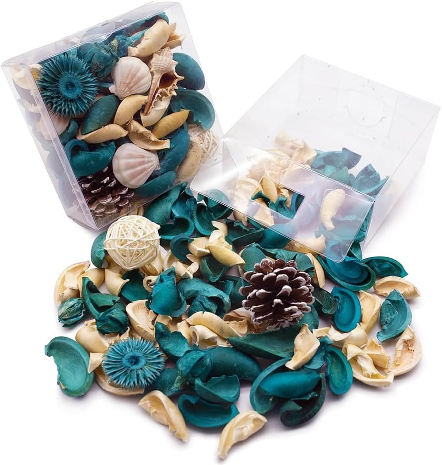 THE WHITE SHOP Sea Shell Potpourri Bag, Turquoise Dried Petals Fresh Ocean Scent Sea Shell Conch and Rattan Ball Sachets Decorative Spring Fragrance Bowl Filler and Vase Filler