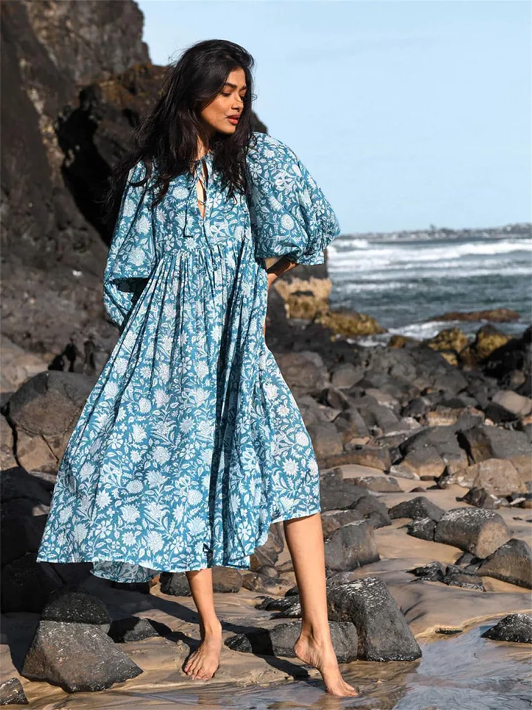 Hdhdeueh Vestido casual de gran tamaño para mujer, estampado de vacaciones, cuello en V, media manga, holgado, vestido midi bohemio