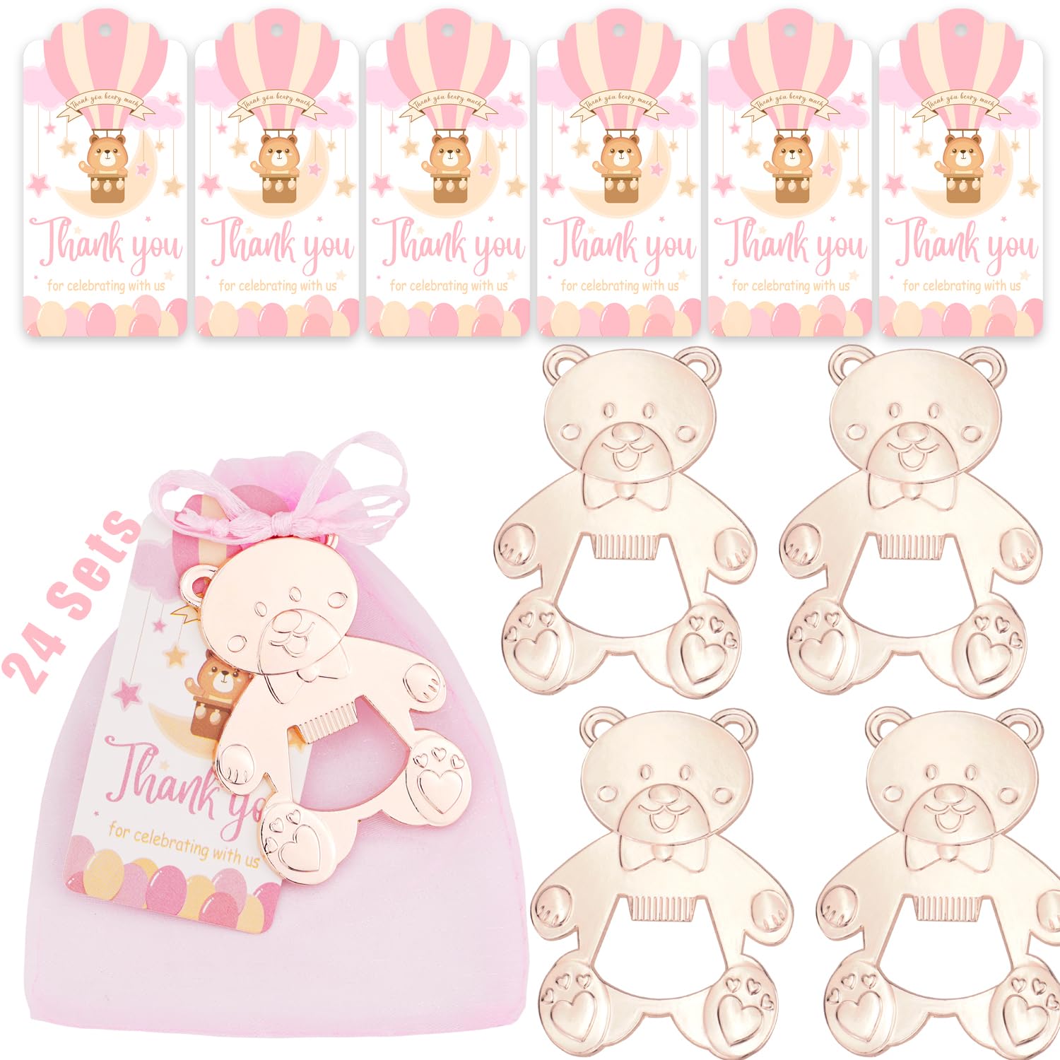 Sollose 24 Sets Baby Shower Favors Bear Bottle Opener, Thank You Gifts for Guests, Bear Themed Party Souvenirs with Goodies Bags and Thanks Cards (