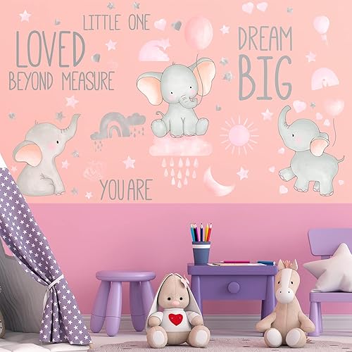 Miniatura 4 de Outus 7 calcomanías de pared Dream Big Little One Elefante para decoración de pared, habitación de bebé, luna, globo aerostático, rosa, gris,