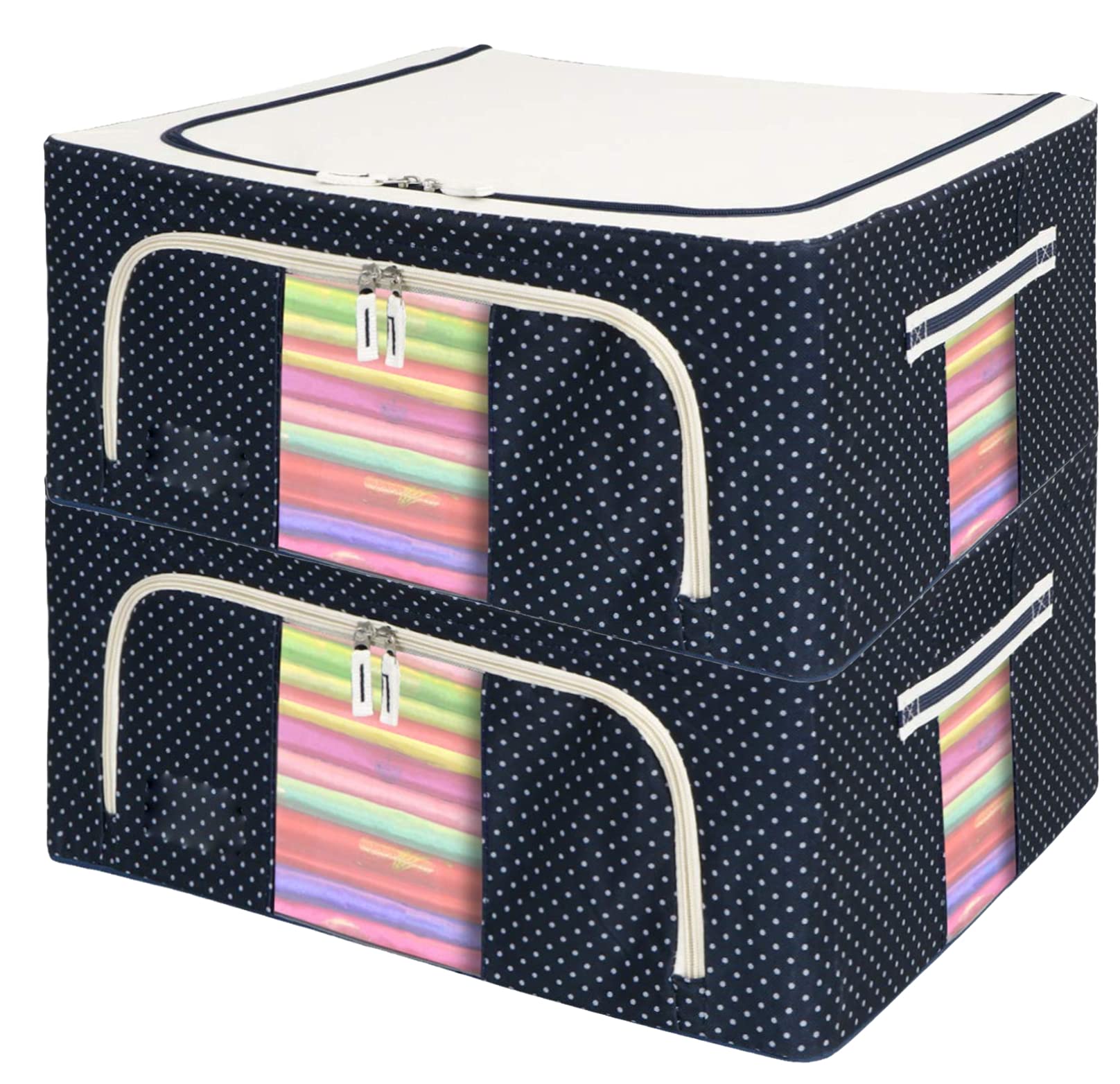 AB SALES Sturdy Storage Bags Cloth Storage Bins/Boxes, Durable Handles Solid Bottom with Metal Frame for Clothes Containers, Bedding Clear Window and Zipper/Large, 2 Pcs, 40X30X20 cm, 24L, Blue Polka