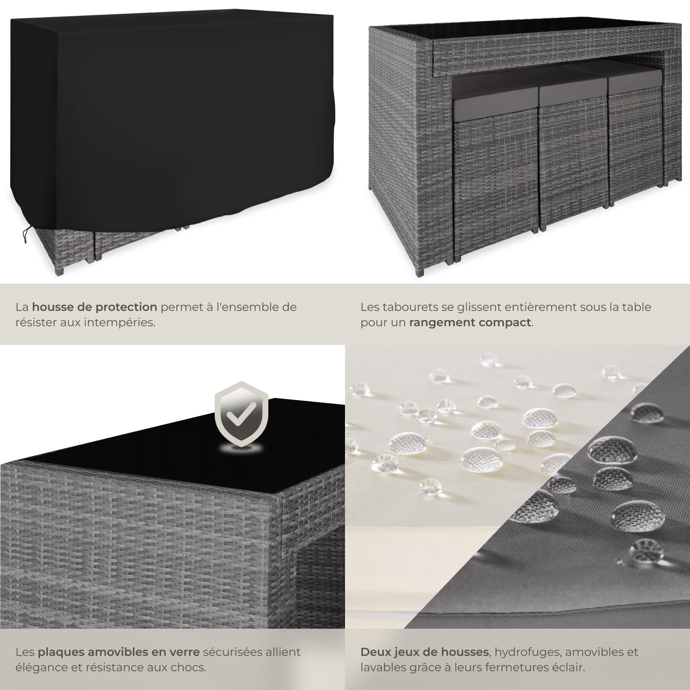 tectake® Ensemble de Bar Extérieur en Résine Tressée, Structure en Aluminium - Salon de Jardin 6 Places avec Table, 6 Chaises Encastrables et Coussins Inclus - Mobilier pour Amenagement Balcon