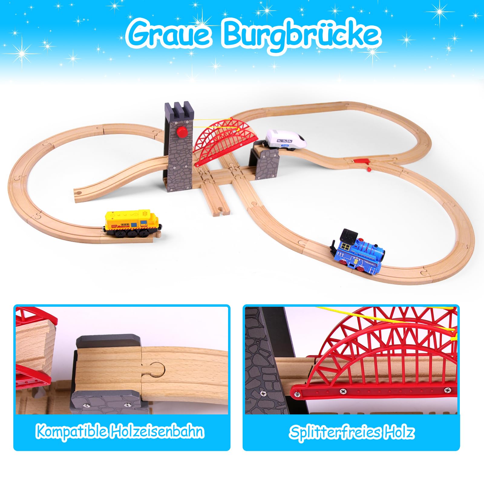 Hebebrücke für Holzeisenbahn, kompatibel mit Allen gängigen Holzeisenbahn-Systemen, Holzschienen-Zubehör, für Kinder ab 3 Jahren