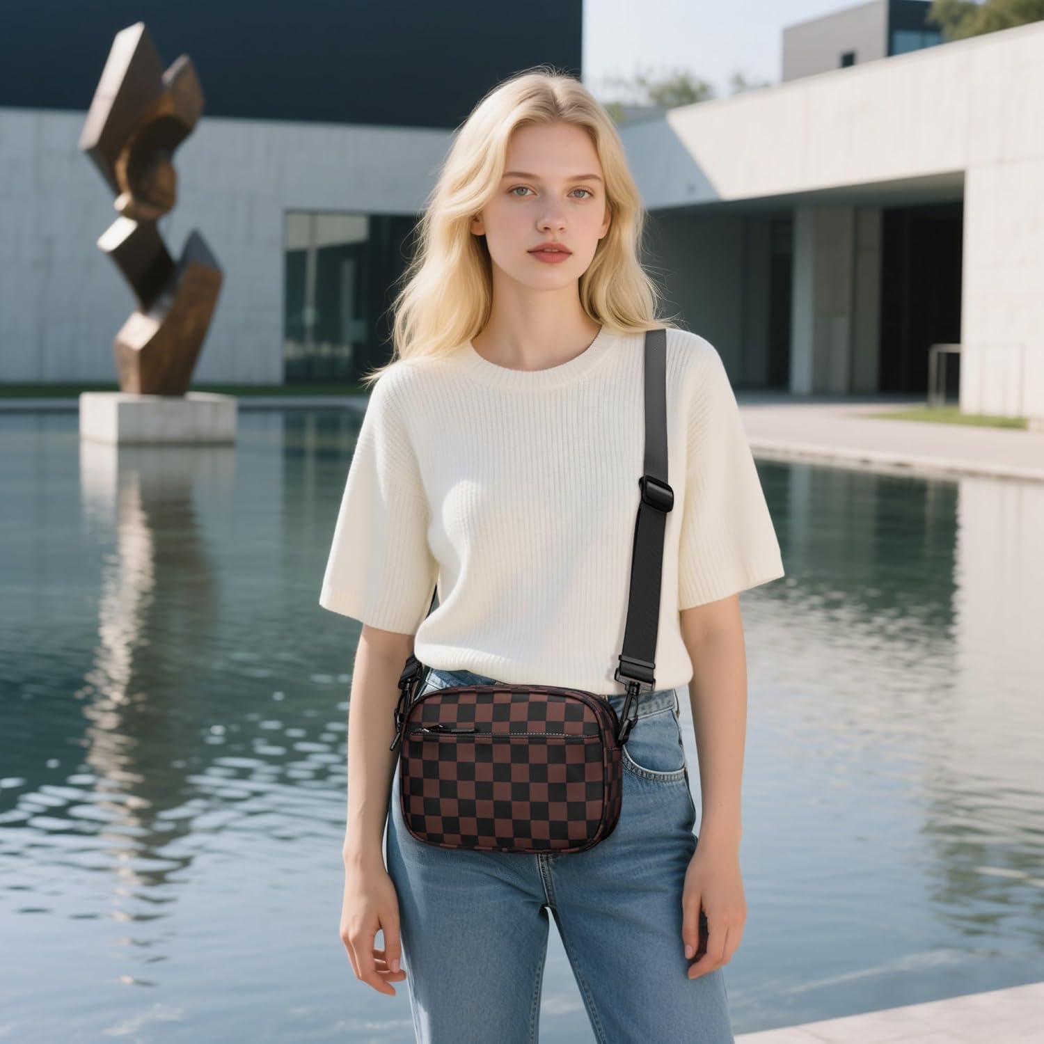 Small Checkered Crossbody Bag for Women Cute Purses Trendy Shoulder Handbags Wide Strap