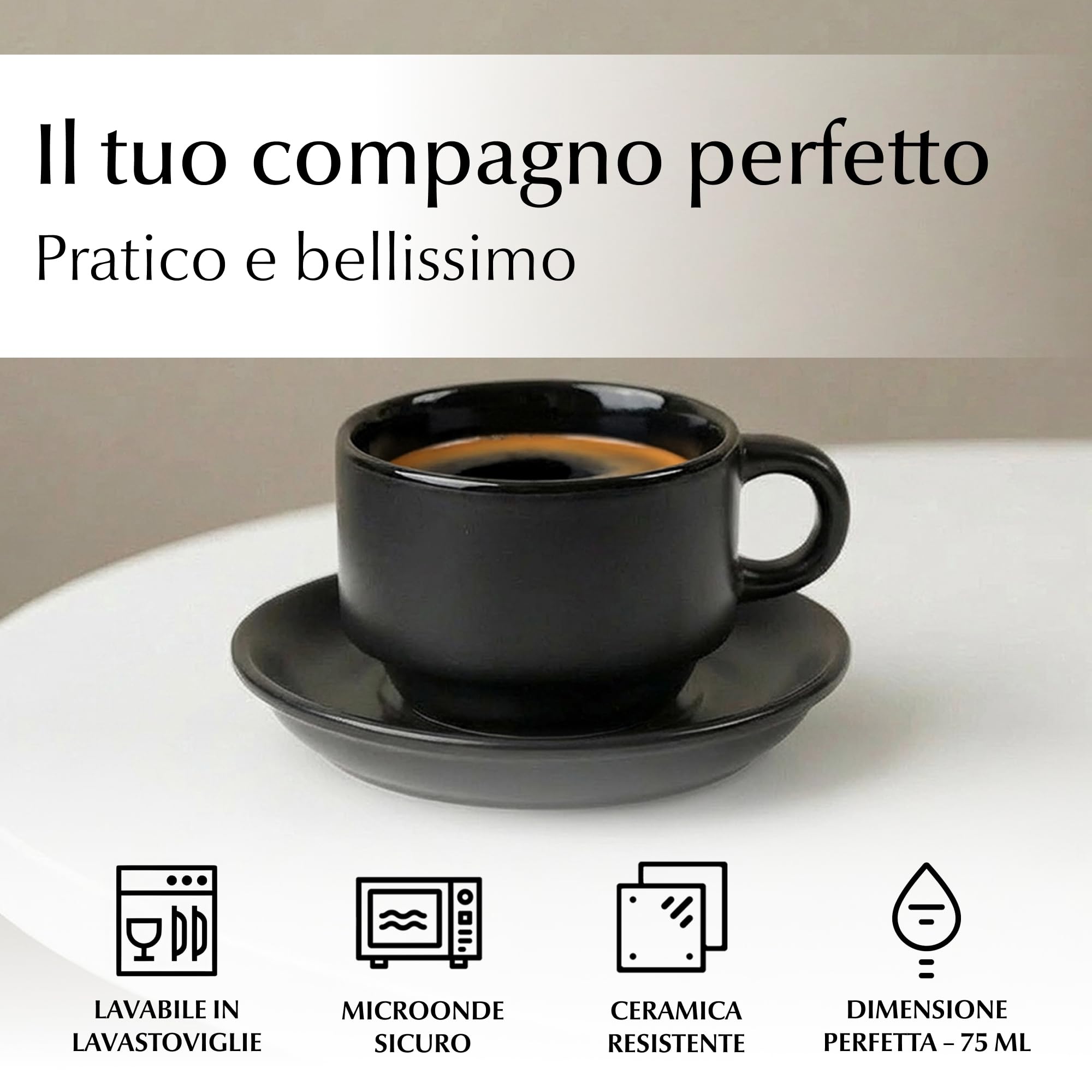 MIAMIO - 6 x 75 ml Espresso Tazzina da caffè - Sei Tazzine Impilabili - Set di Tazze da Caffè, Ceramica - Le Papillon Collezione (Nero)