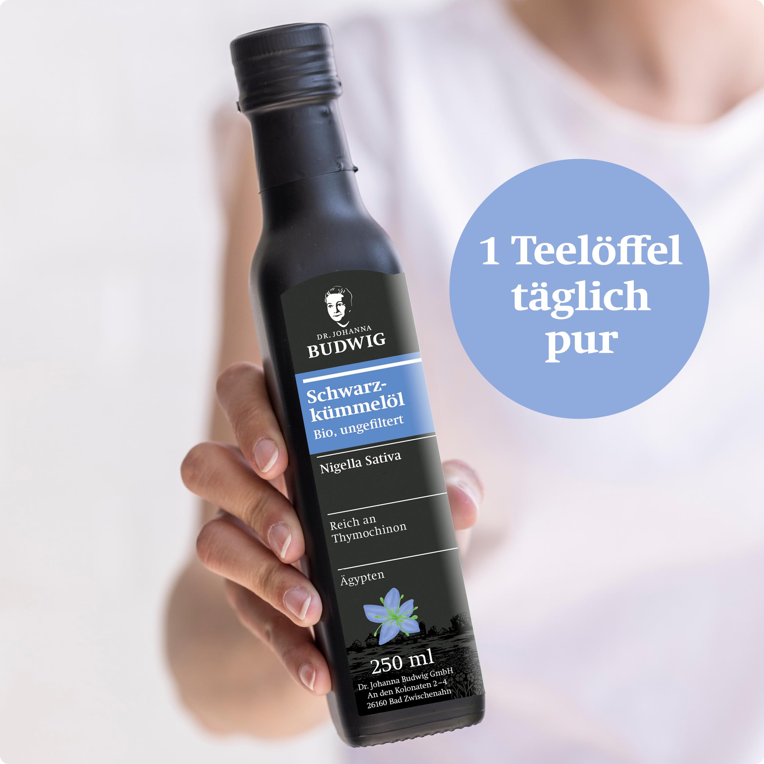 Dr. Budwig Premium Bio Schwarzkümmelöl ungefiltert (250ml) - nigella sativa - ätherisches Öl aus Ägypten - Vitamin E - 760mg Thymochinon - Linolsäure - kaltgepresst - laborgeprüft - naturrein