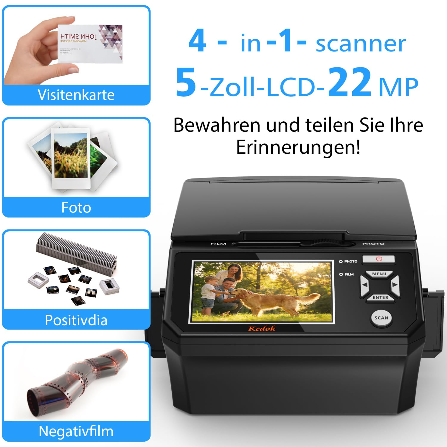 Fotoscaner, Multiscanner für Fotos, Dias und Negative, Digitalisierer mit 5" LCD-Bildschirm, 22 MP Konvertierung von 35mm/110mm Filmen, inkl. 8GB SD-Karte