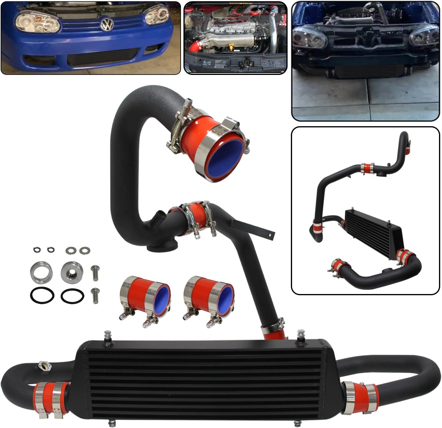 Front Mount Intercooler Kit for VW Jetta Golf GTI GL/GLI/GLS MK4 1.8T 1.8L 98-05 Engines FMIC Bolt (black-red pleat)