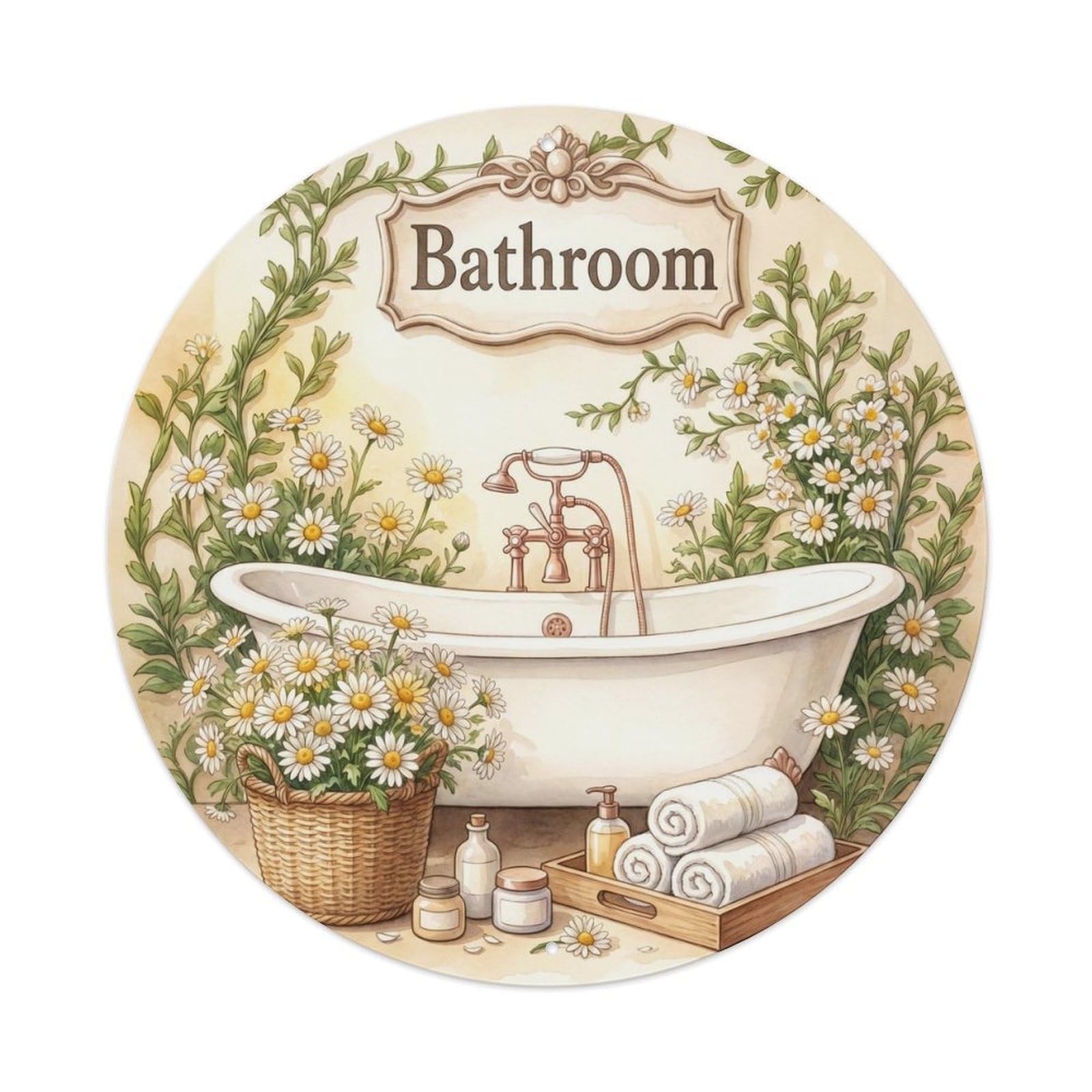 Yrnq Vintage Style Bathroom Daisy Botanical Round Vintage Metal Tin Sign Plaque Wall Decor For Cafe, Club, Garden Round Metal Poster 8X8inch