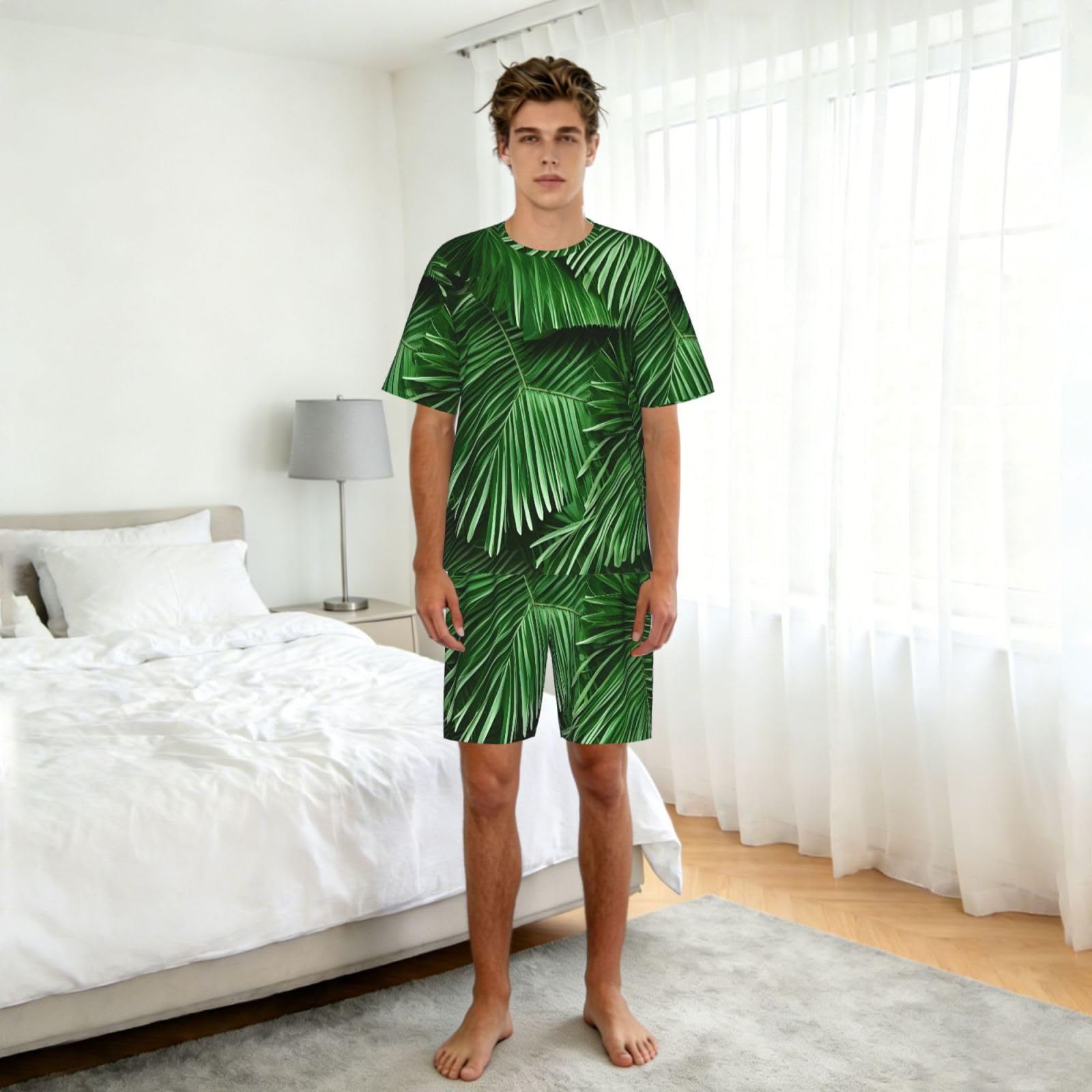 Bonito conjunto de pijama clásico con estampado de hojas de palma verde para hombre, pantalones cortos de pijama suaves para hombre, perfecto para las noches de verano