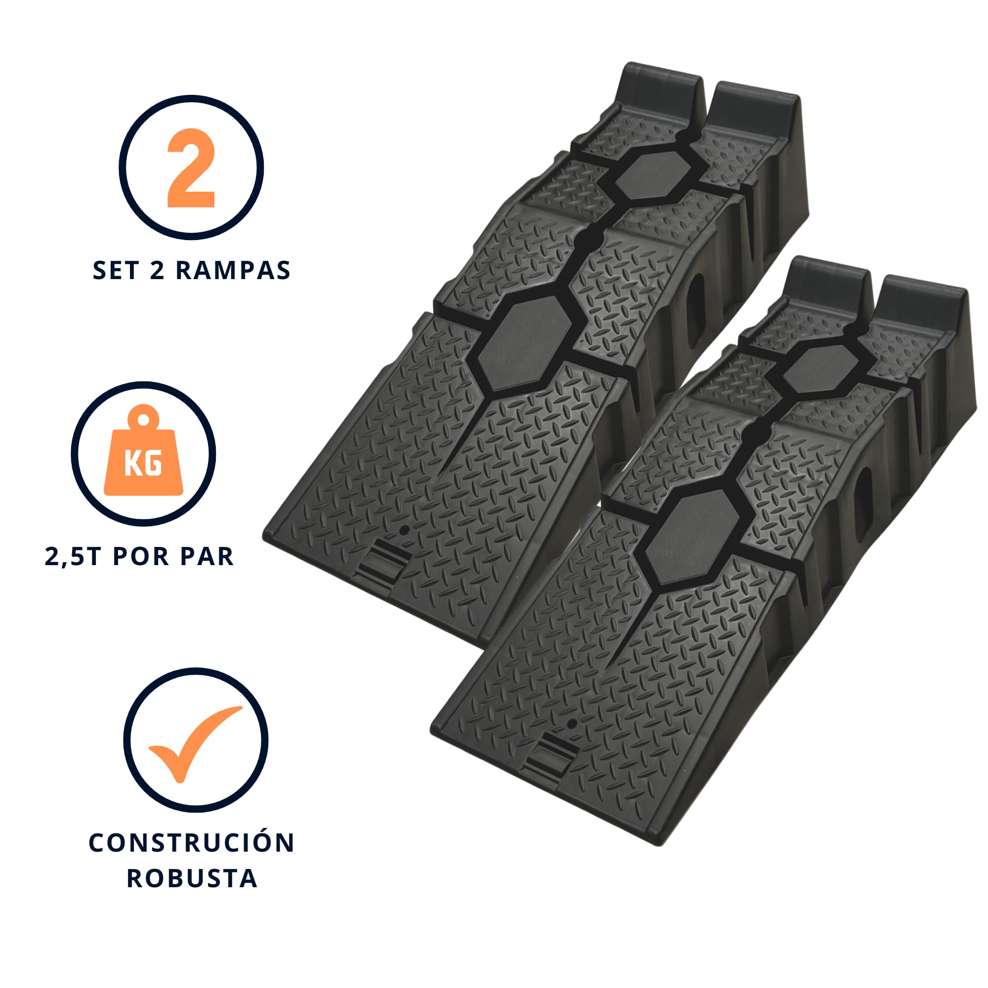 Rampas Elevadoras para Coche, Juego de 2, Plástico Composite, Capacidad 2,5 Toneladas, Antideslizantes, con Tope de Seguridad, para Talleres y Garajes