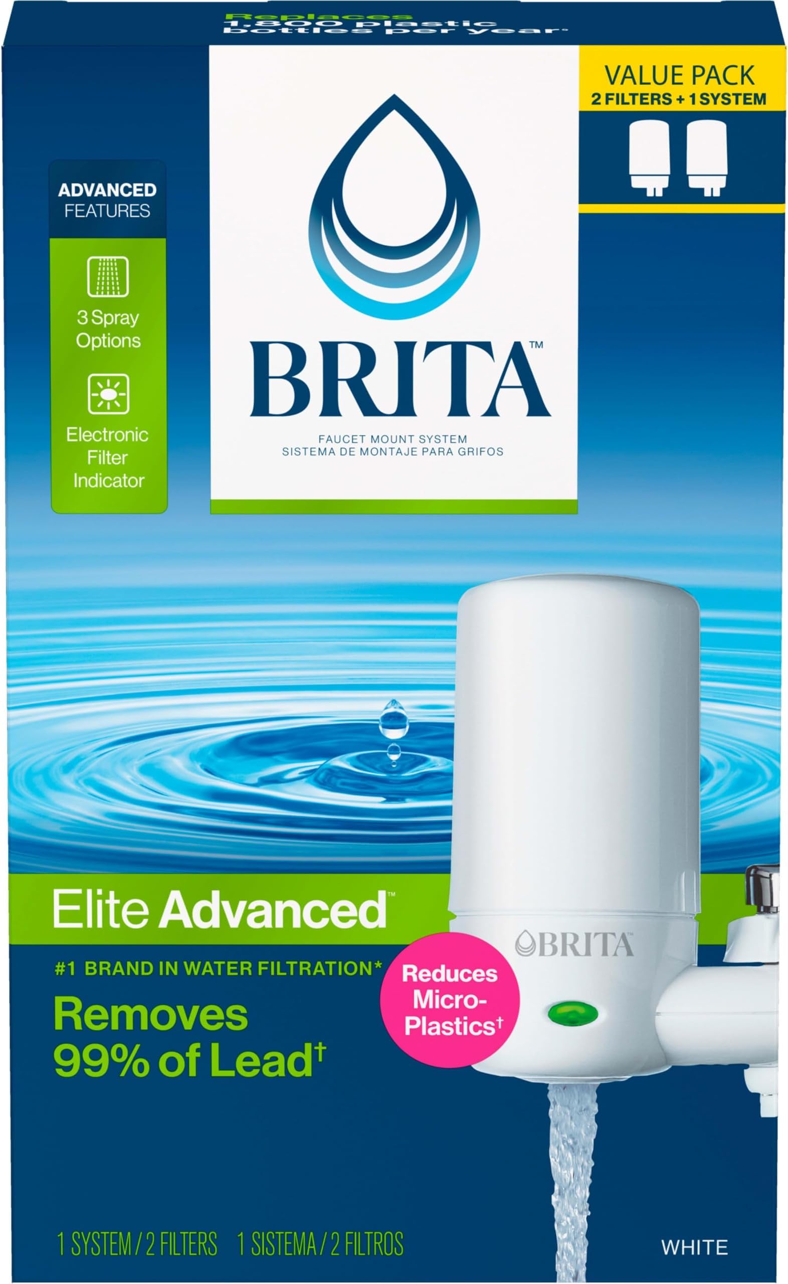 Faucet Mount System, Water Faucet Filtration System with Filter Change Reminder, Reduces Lead, Made Without BPA, Fits Standard Faucets Only, Elite Advanced, White, Includes 2 Replacement Filters