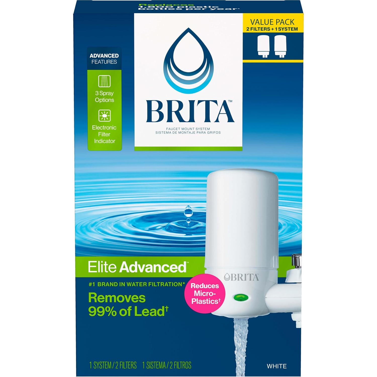 Brita Faucet Mount Water Filter for Sink, Removes 99% of Lead, Elite Advanced Filtration System, Includes 2 Replacement Filters, White Faucet Mount + 2 Filters