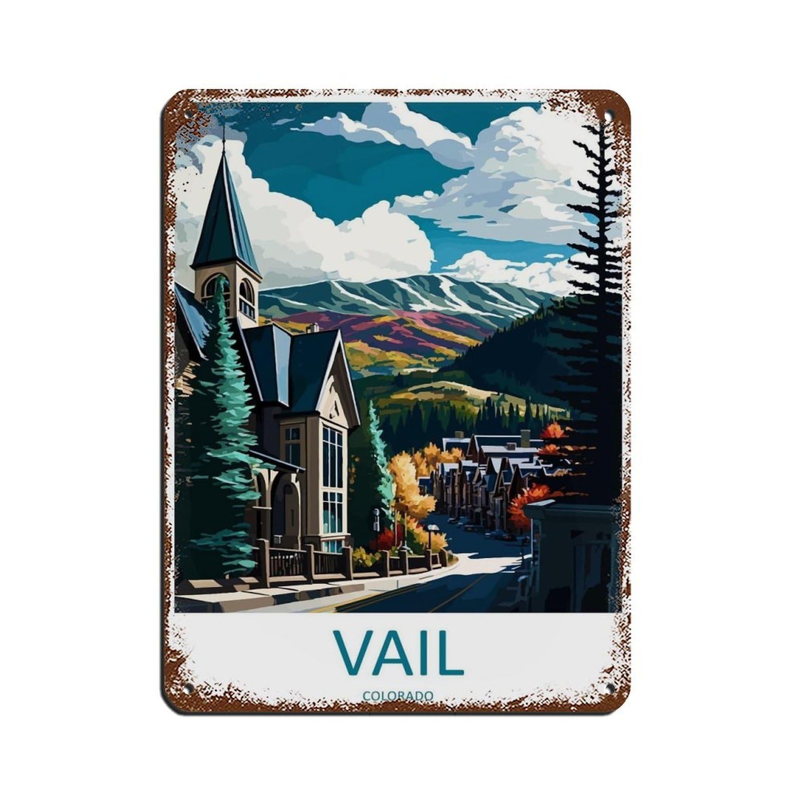 Vail Ski Resort Travel Art Ski Gift Art Tin Sign Vintage Metal Pub Club Cafe Bar Home Wall Art Decoration Poster Retro 12x16inch(30x40cm)