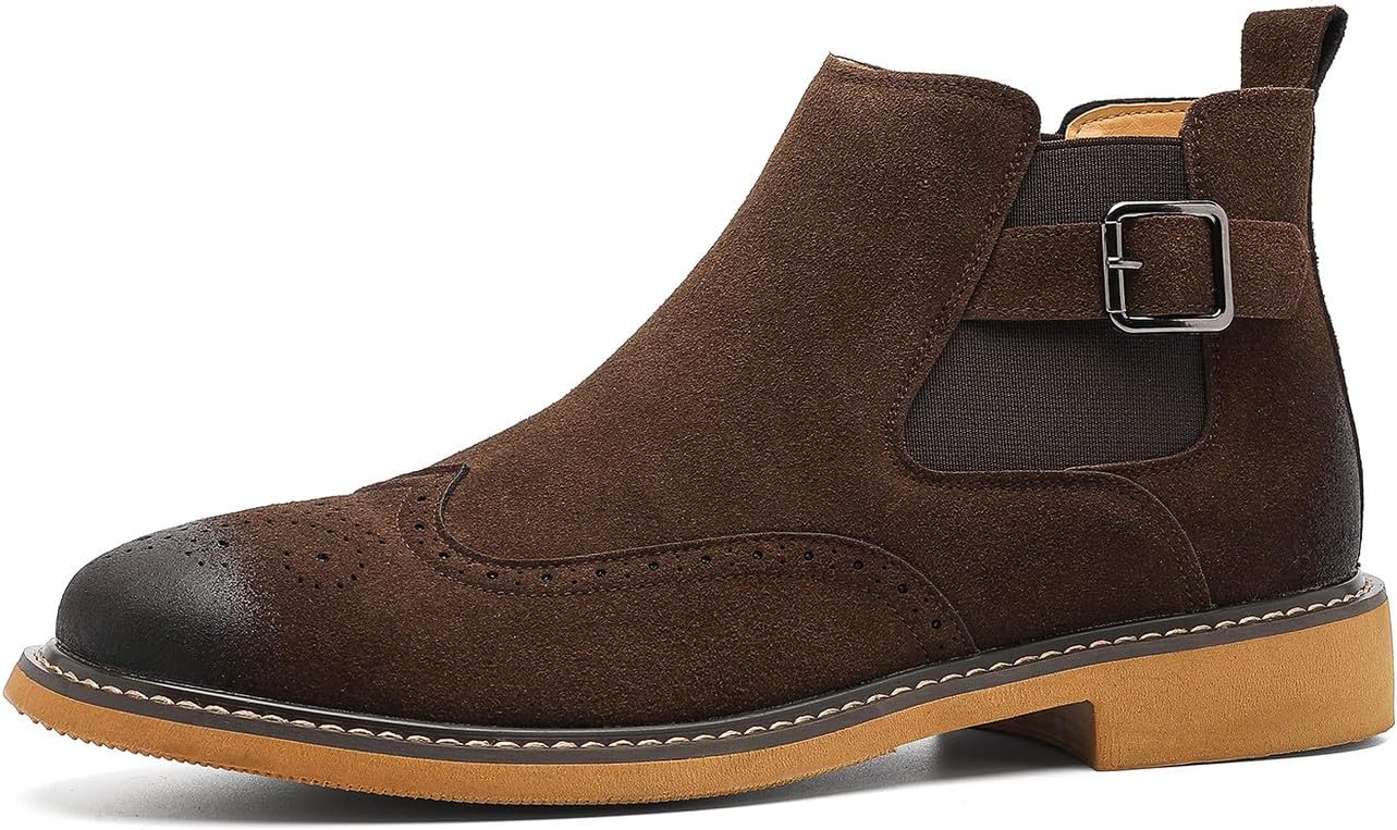 Santimon Men's Suede Chelsea Boots Wingtip Brogue Ankle Dress Boots Buckle Strap Cushioned Non-Slip Smart Casual Shoes