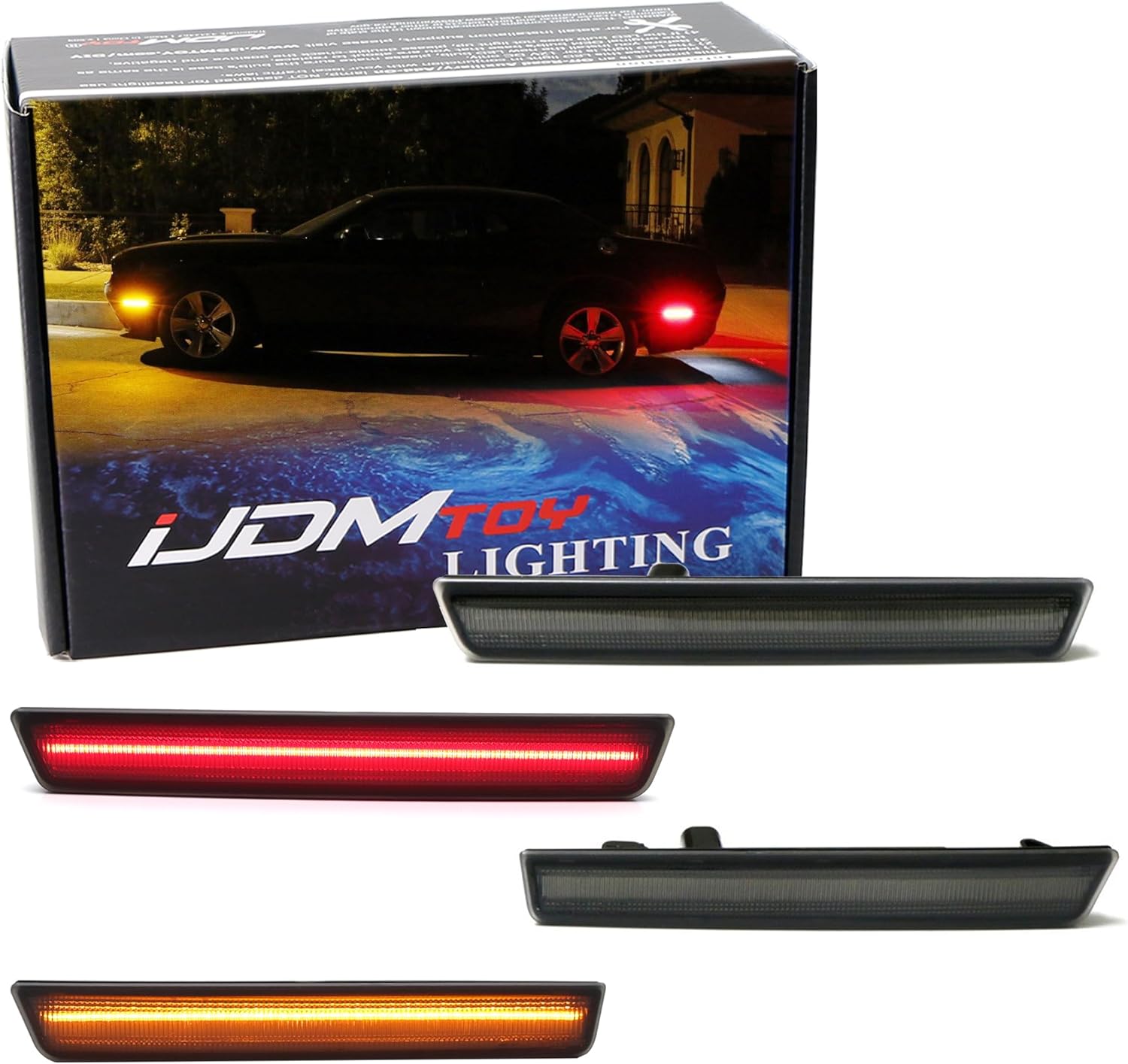 iJDMTOY Smoked Lens Amber/Red Full LED Side Marker Light Kit Compatible With 2015-22 Dodge Challenger, Powered by Total 180-SMD LED, Replace OEM Sidemarker Lamps