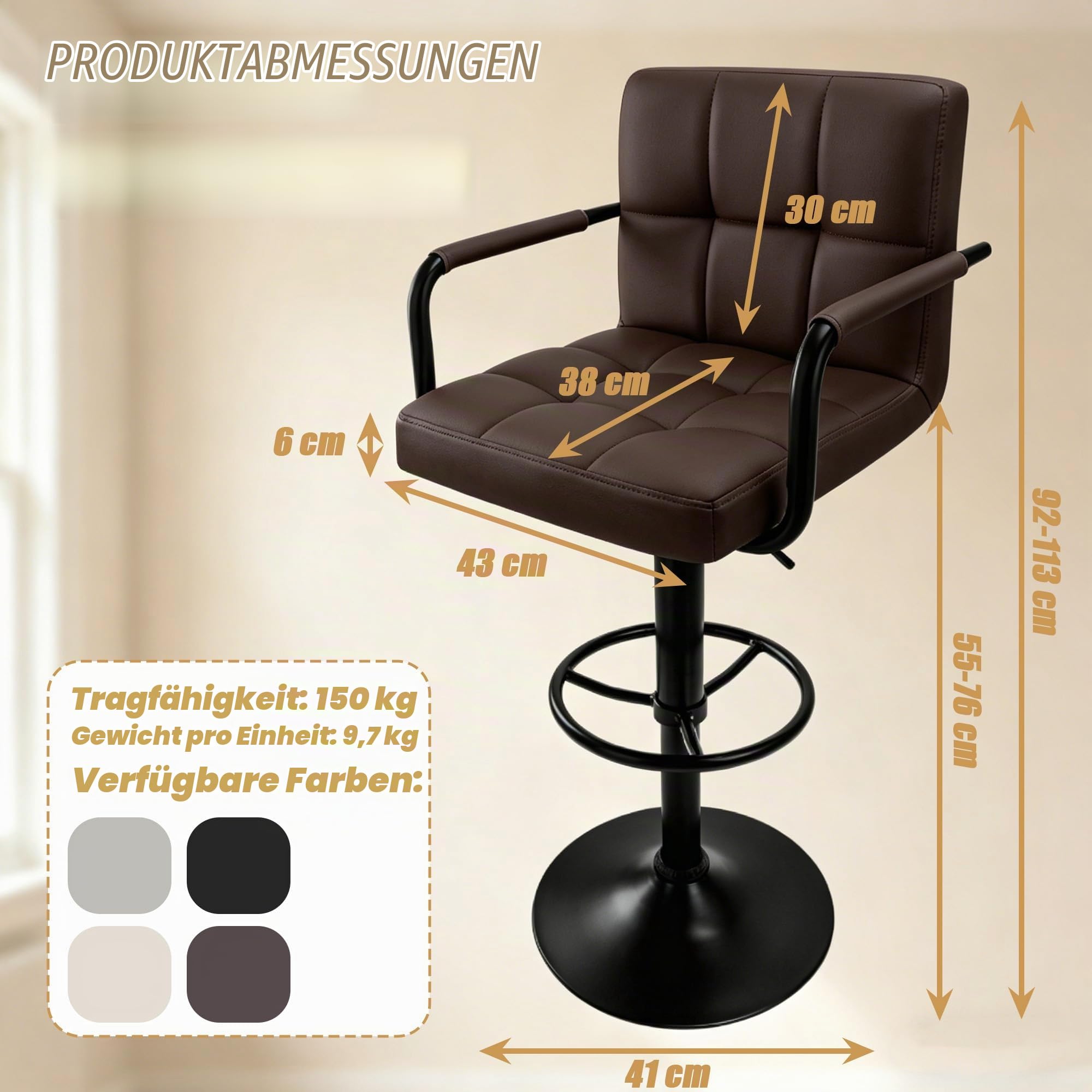 Verdego Barhocker 2er Set, Barstuhl Höhenverstellbar um 20cm, mit Armlehnen, Rückenlehne und Silber Fußstütze, Küchenhocker aus PU-Leder & Stahlgestell, 360°Drehstuhl, Bar Hocker (Braun)