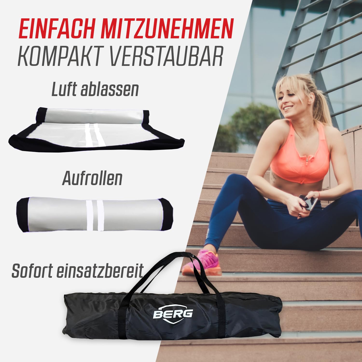 BERG AirTrack Home | Mit Elektrischer Luftpumpe und Tasche | Yogamatte | Tumblingmatte | Verschiedene Größe | Schwarz/Grau