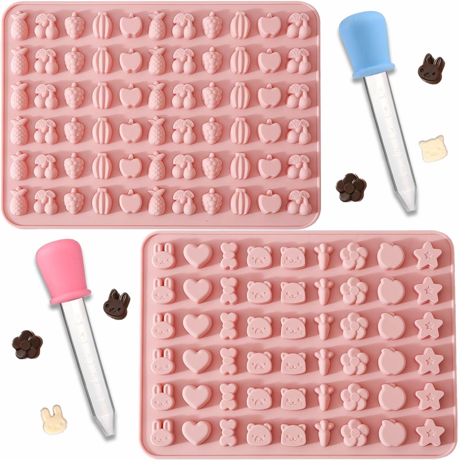 2Pcs Gummy Candy Molds - Silicone Mini Gummy Animal/Fruit Snack Mold for Kids with 2Pcs Dropper,Reusable Non-Stick and Food Grade Silicone Molds for Candy Chocolate